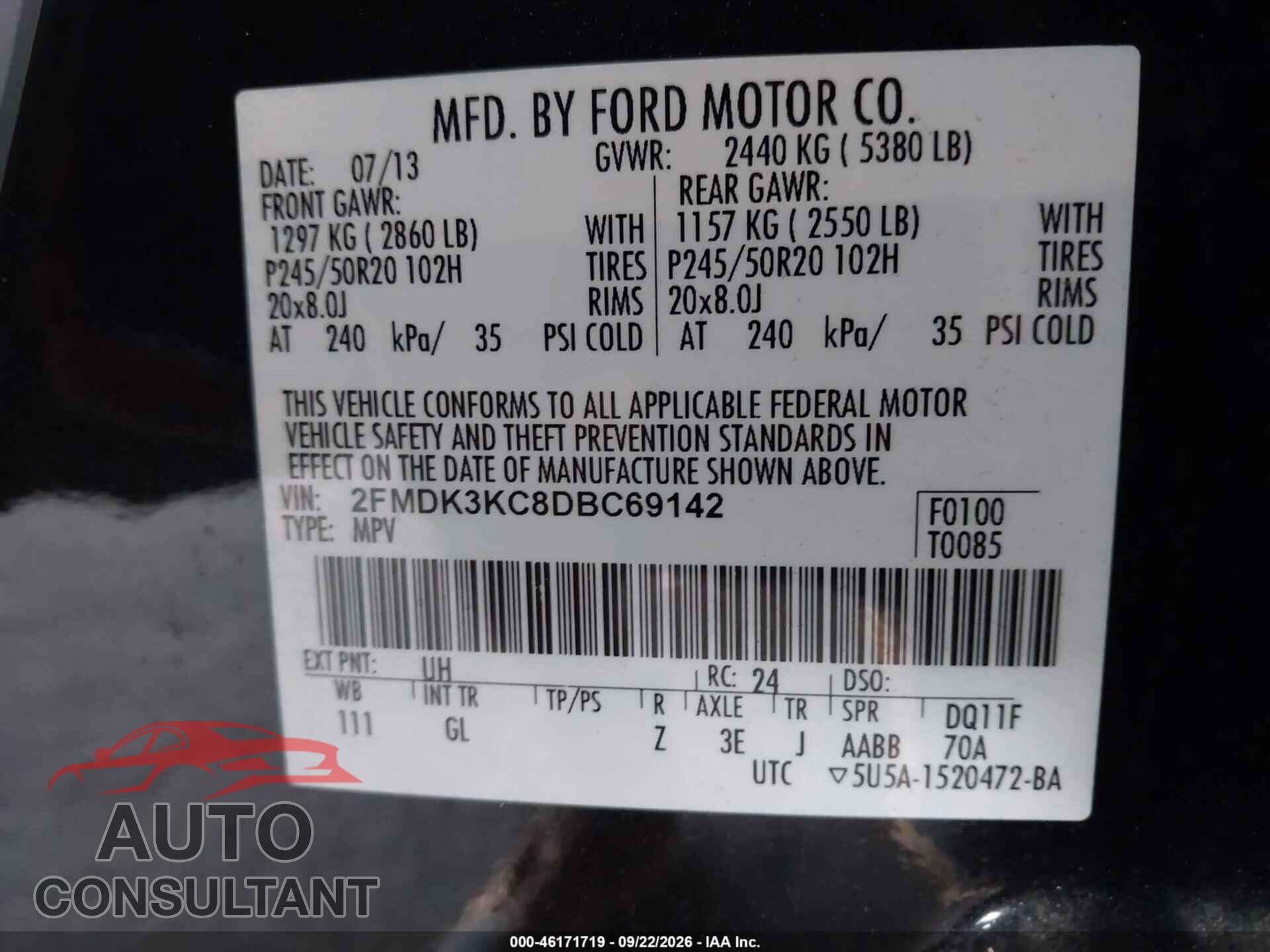 FORD EDGE 2013 - 2FMDK3KC8DBC69142
