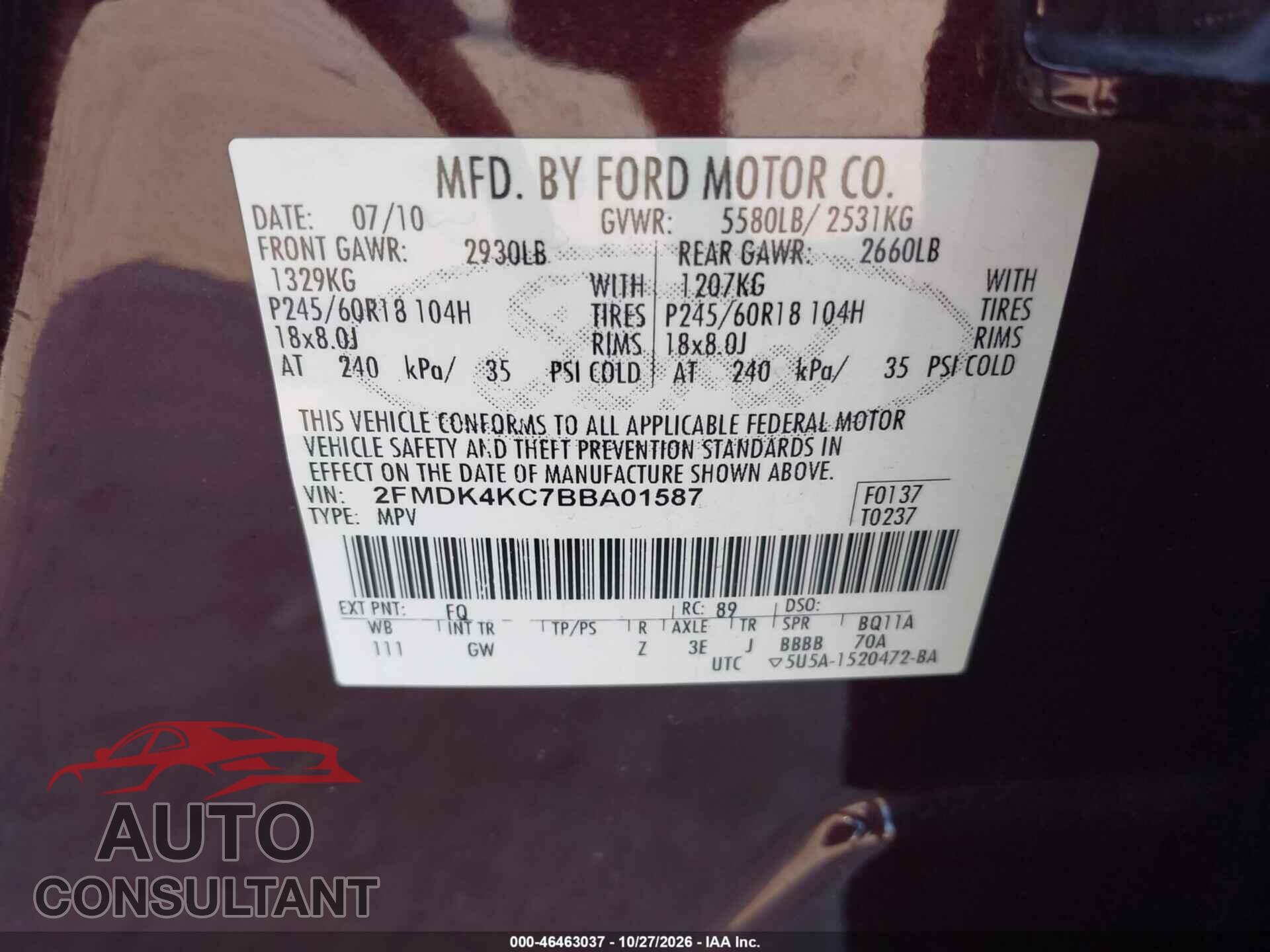 FORD EDGE 2011 - 2FMDK4KC7BBA01587