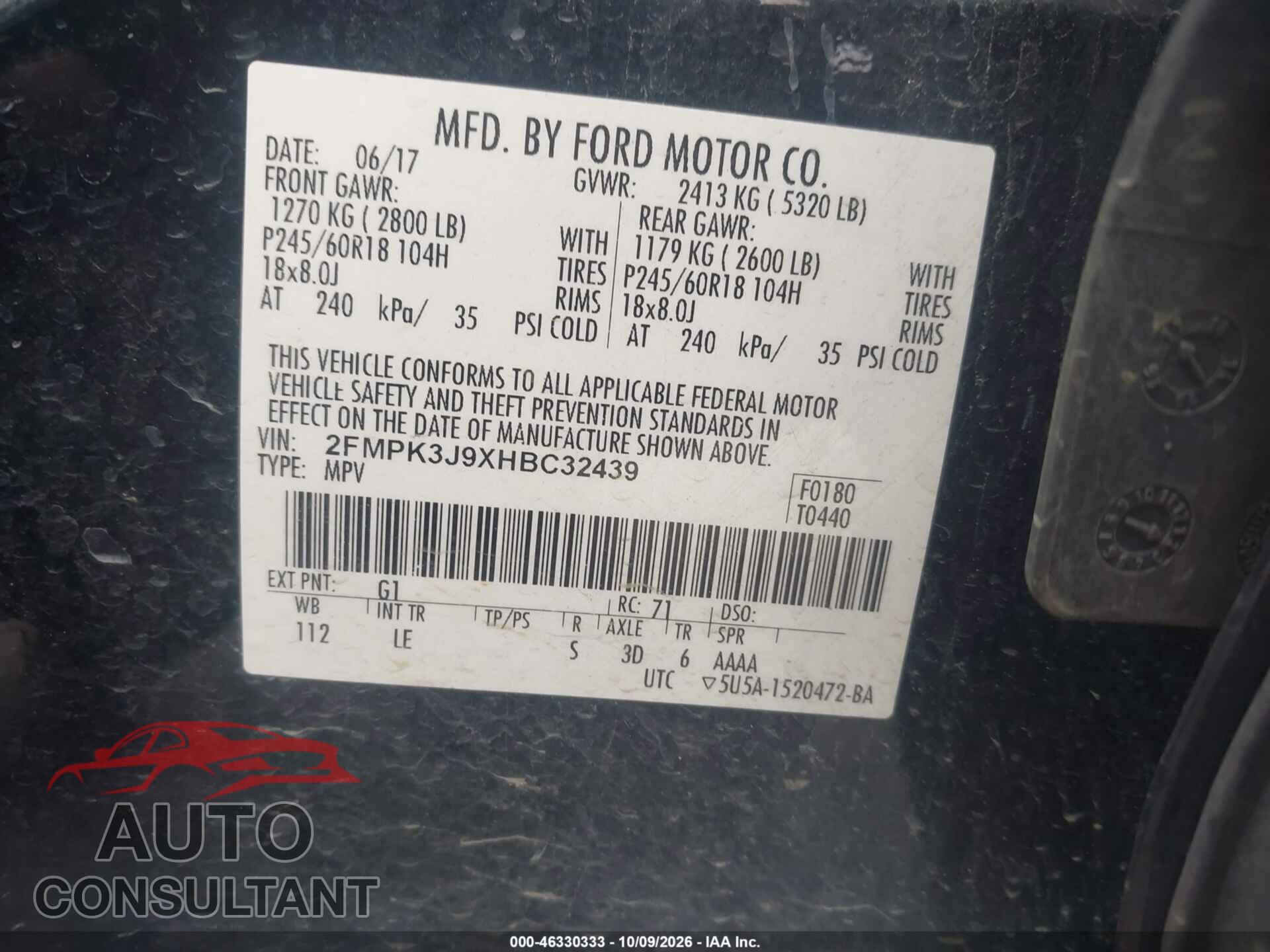 FORD EDGE 2017 - 2FMPK3J9XHBC32439