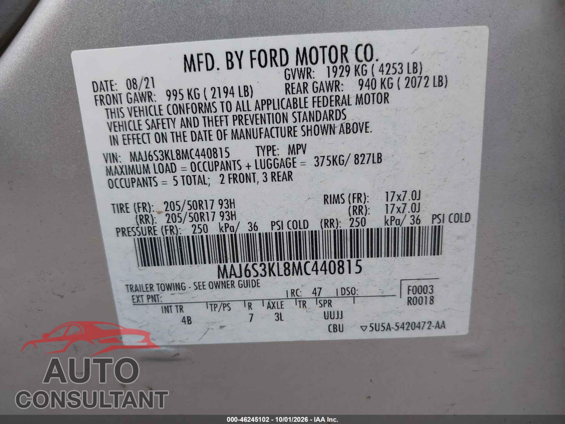 FORD ECOSPORT 2021 - MAJ6S3KL8MC440815