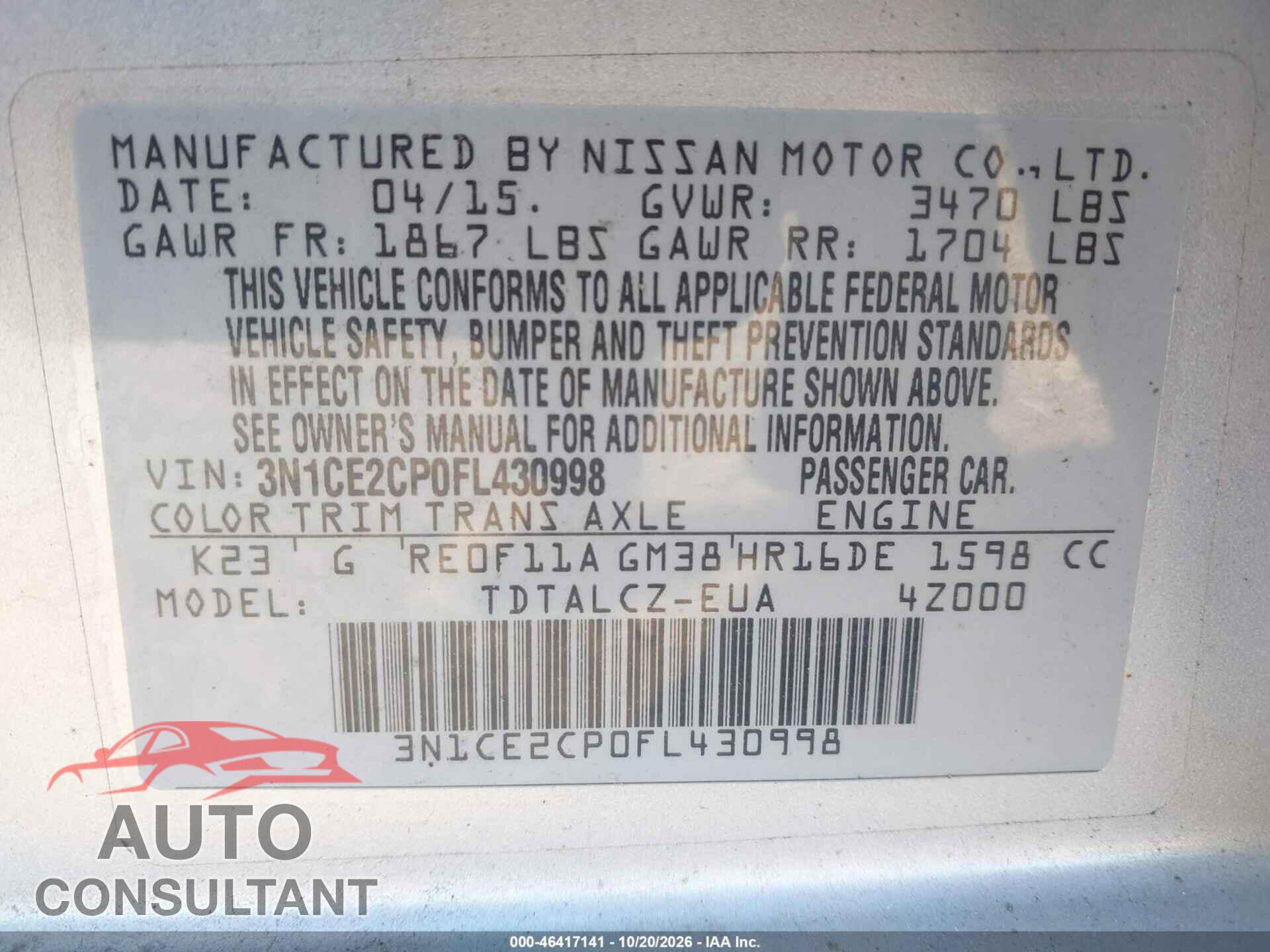 NISSAN VERSA NOTE 2015 - 3N1CE2CP0FL430998