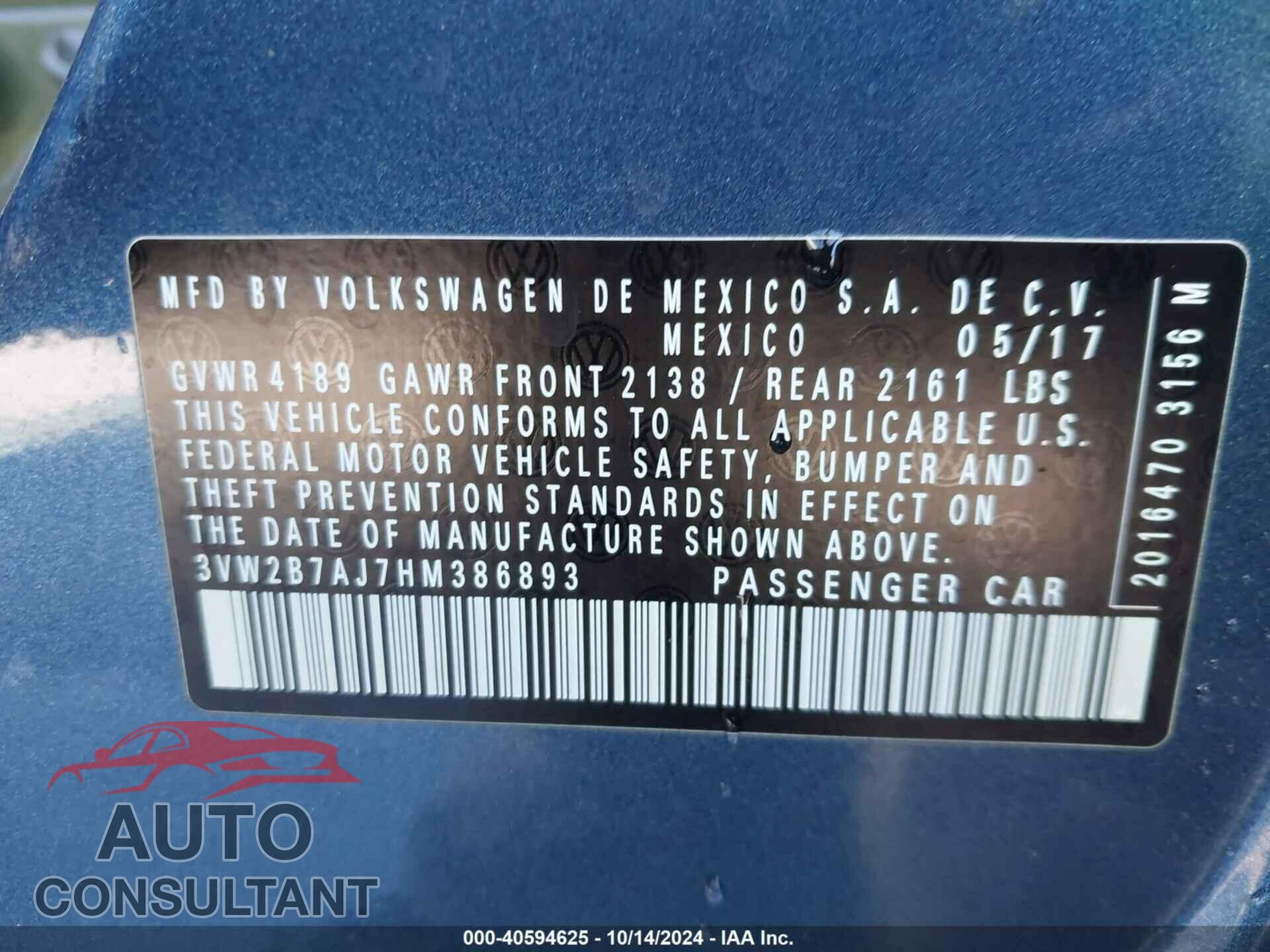 VOLKSWAGEN JETTA 2017 - 3VW2B7AJ7HM386893