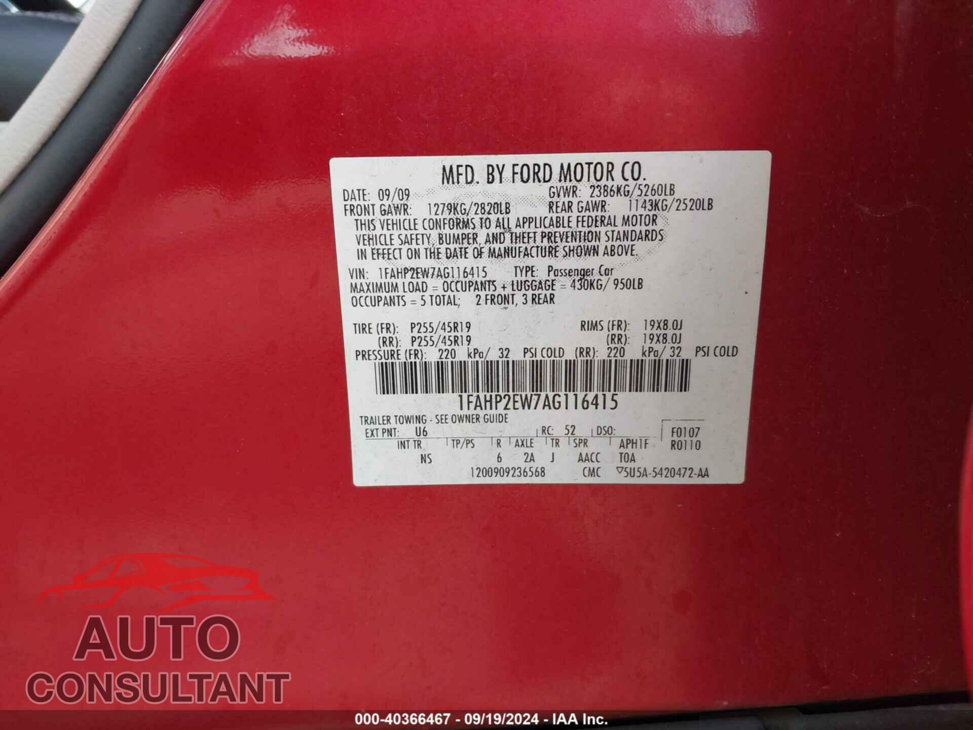 FORD TAURUS 2010 - 1FAHP2EW7AG116415