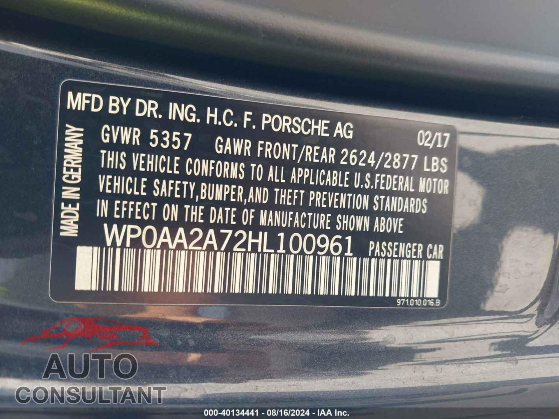PORSCHE PANAMERA 2017 - WP0AA2A72HL100961