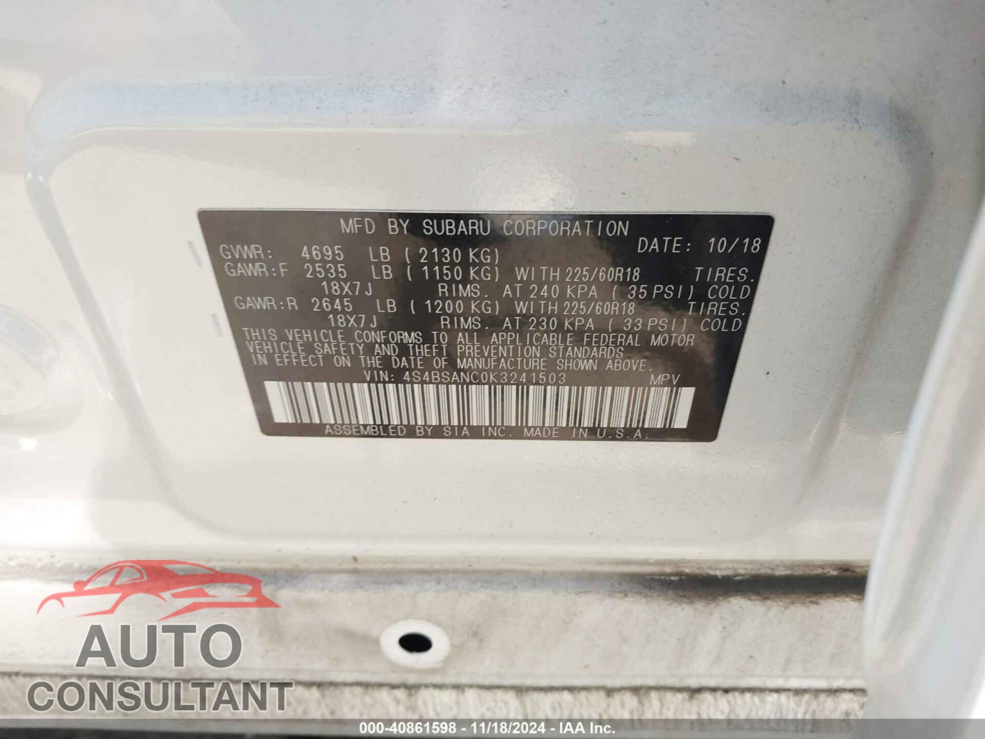 SUBARU OUTBACK 2019 - 4S4BSANC0K3241503