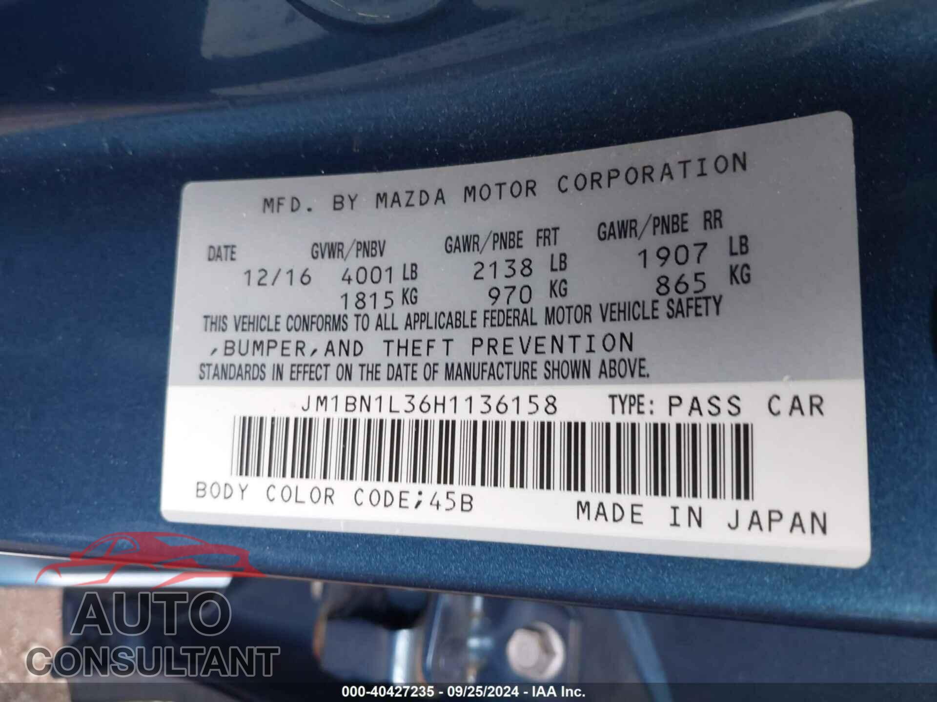 MAZDA MAZDA3 2017 - JM1BN1L36H1136158
