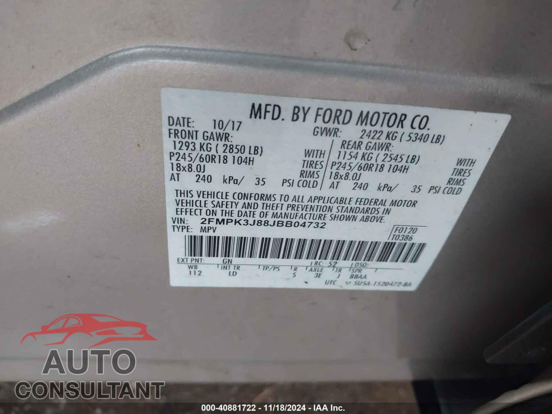 FORD EDGE 2018 - 2FMPK3J88JBB04732
