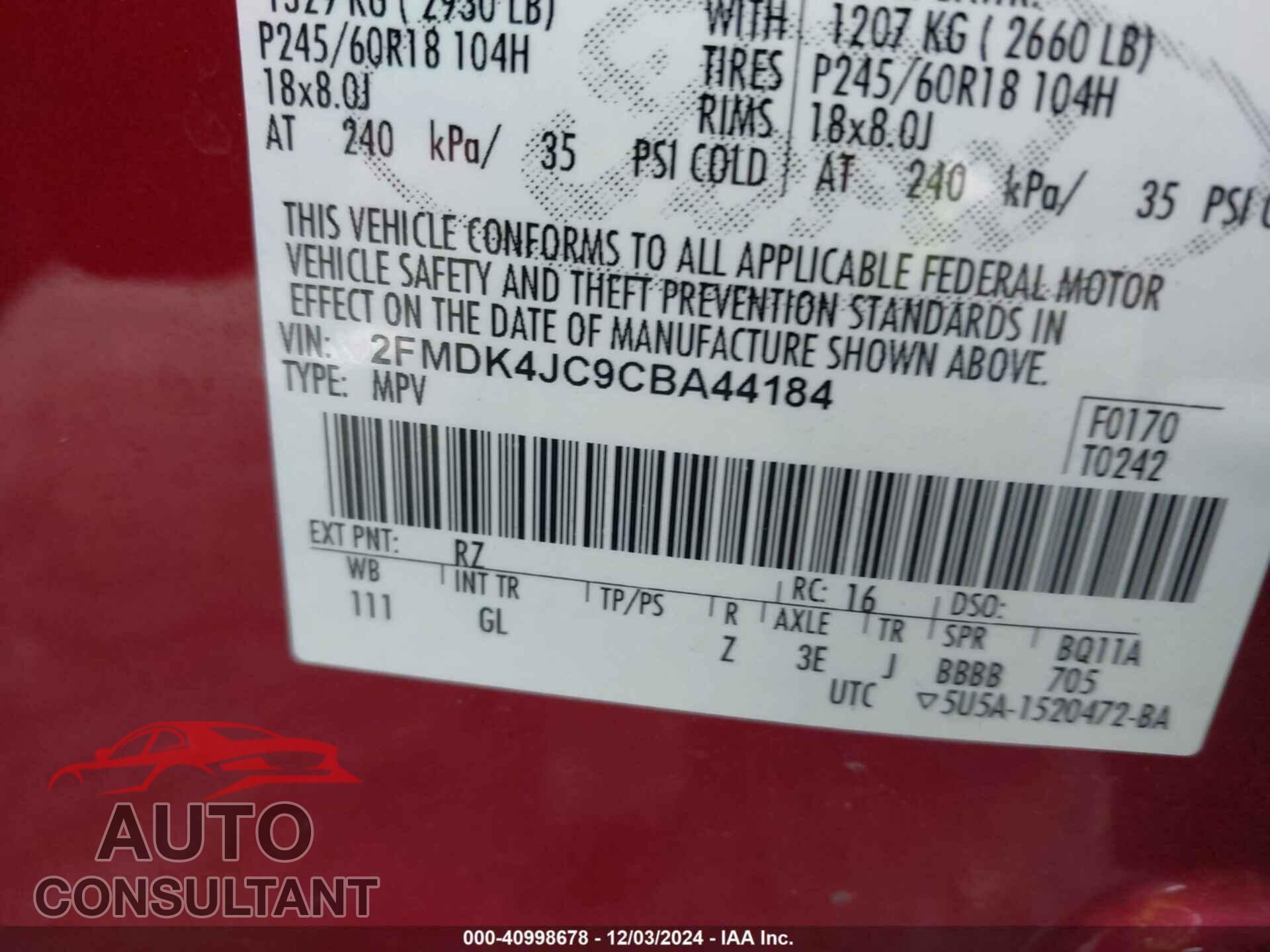FORD EDGE 2012 - 2FMDK4JC9CBA44184