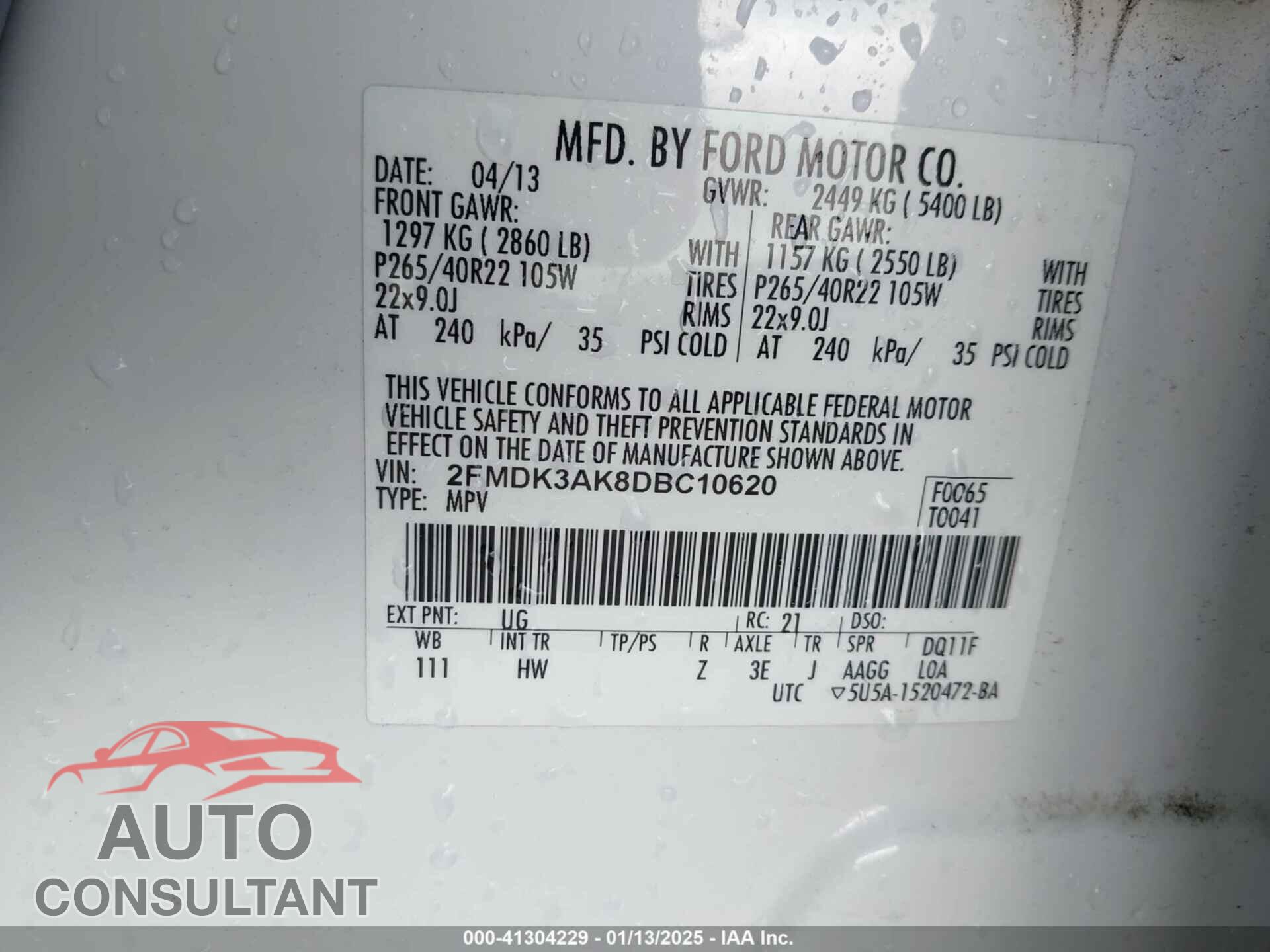 FORD EDGE 2013 - 2FMDK3AK8DBC10620