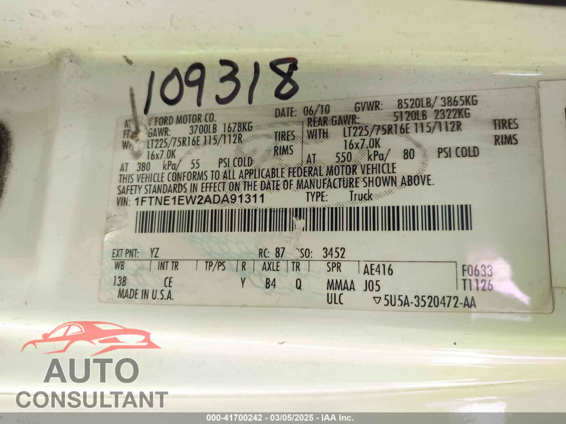 FORD E-150 2010 - 1FTNE1EW2ADA91311