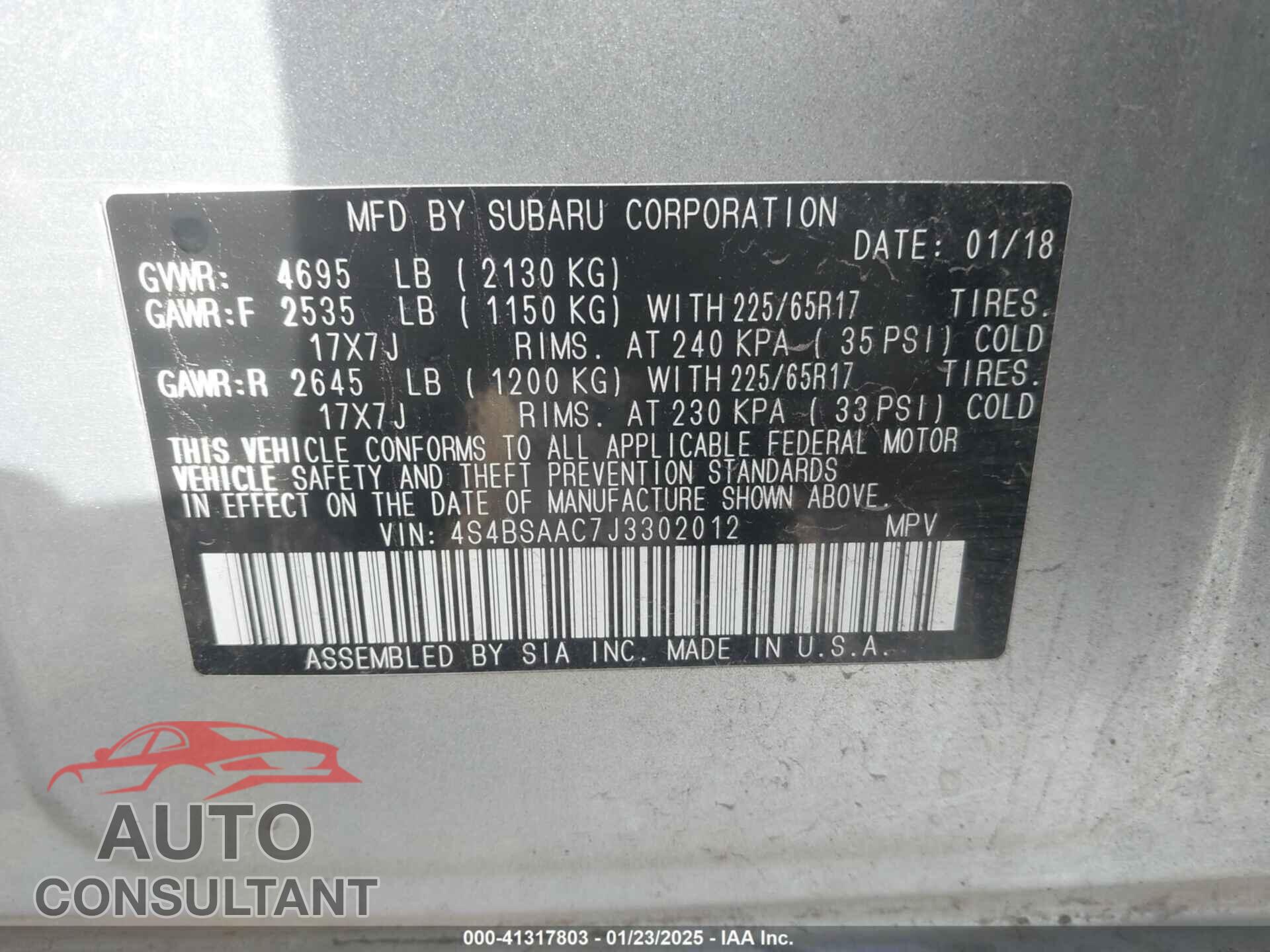 SUBARU OUTBACK 2018 - 4S4BSAAC7J3302012