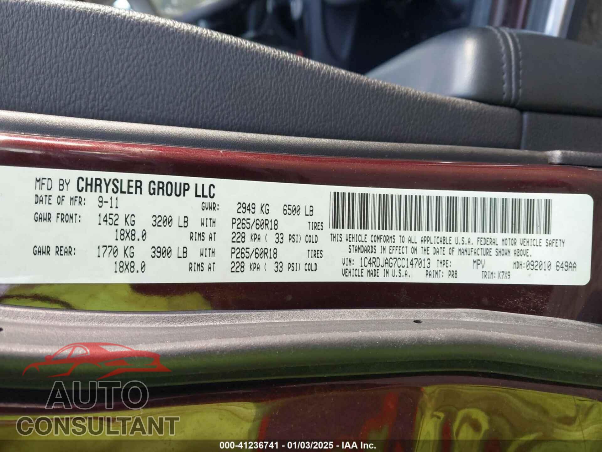 DODGE DURANGO 2012 - 1C4RDJAG7CC147013