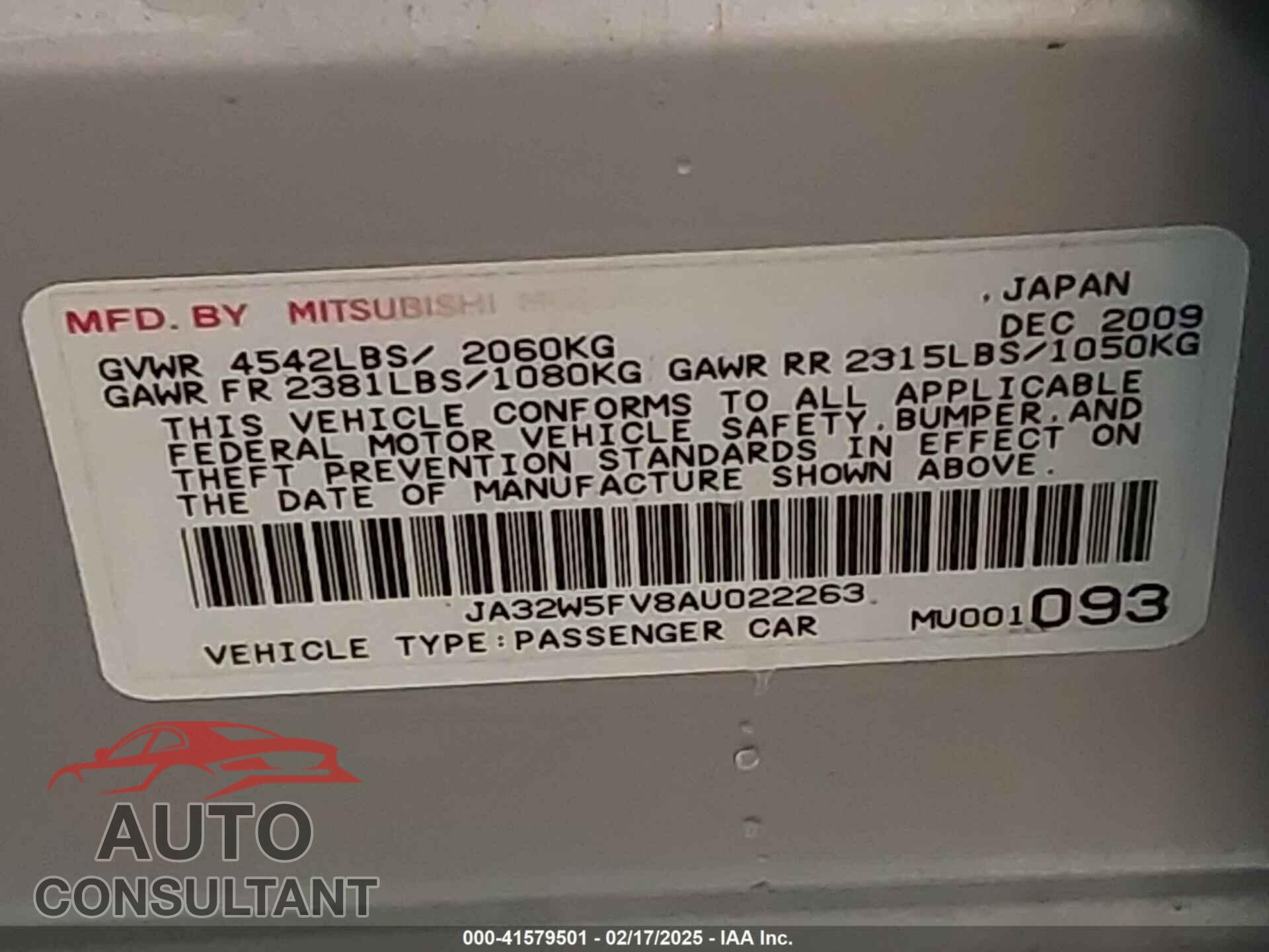 MITSUBISHI LANCER EVOLUTION 2010 - JA32W5FV8AU022263