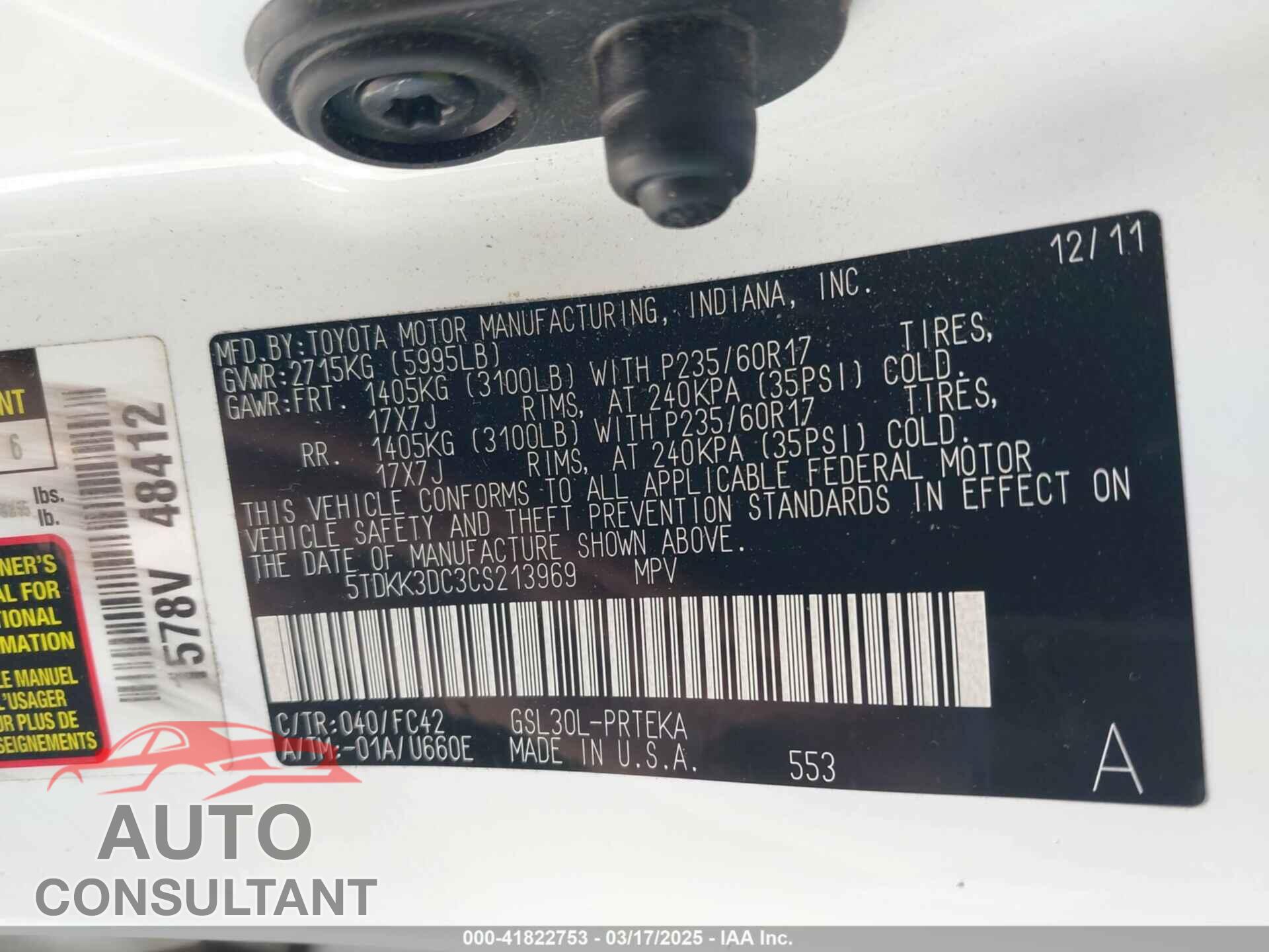 TOYOTA SIENNA 2012 - 5TDKK3DC3CS213969