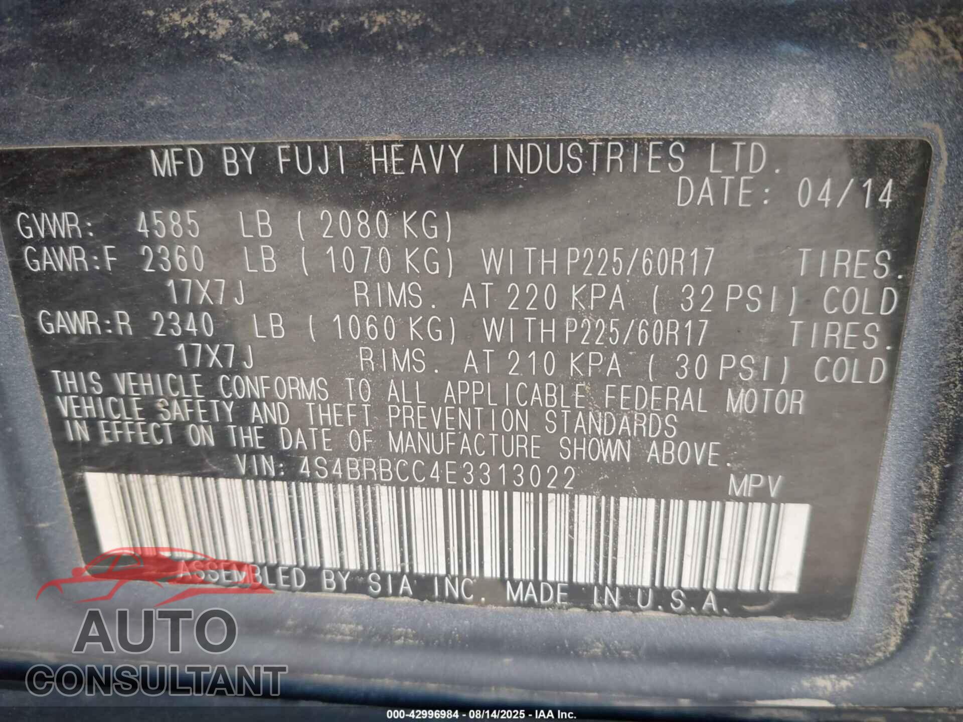 SUBARU OUTBACK 2014 - 4S4BRBCC4E3313022