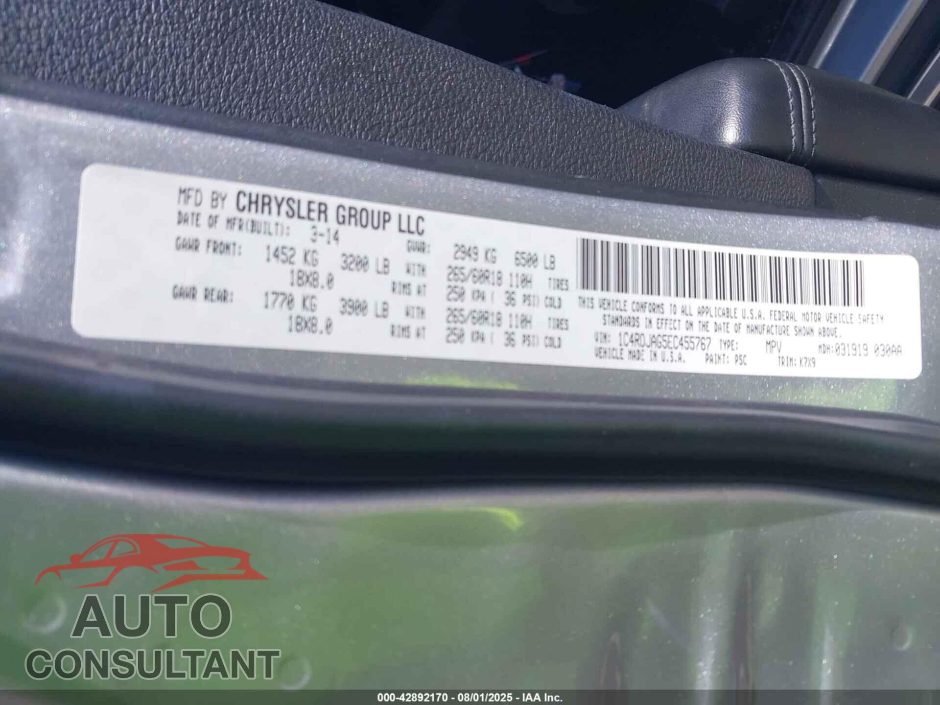 DODGE DURANGO 2014 - 1C4RDJAG5EC455767