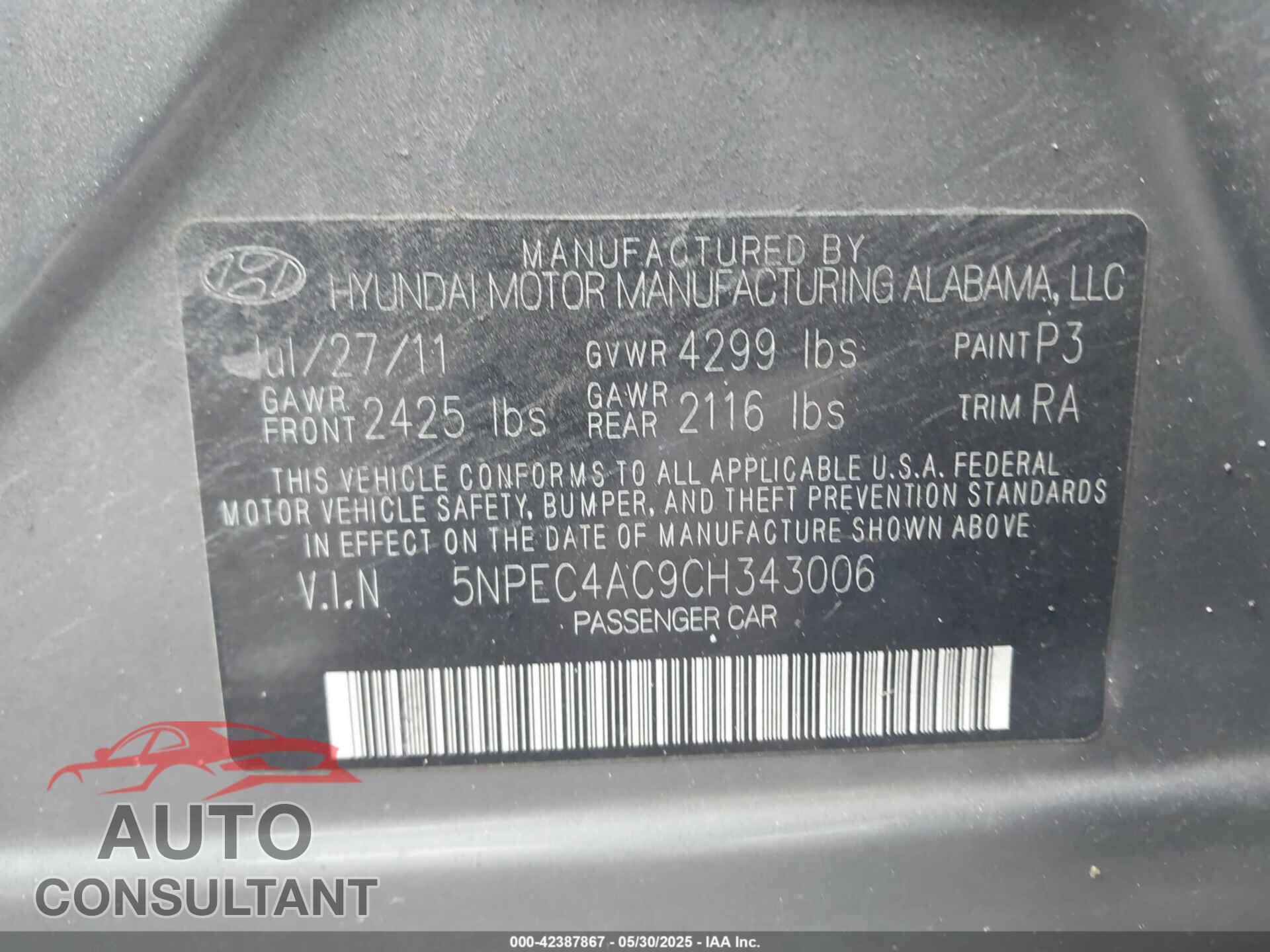 HYUNDAI SONATA 2012 - 5NPEC4AC9CH343006