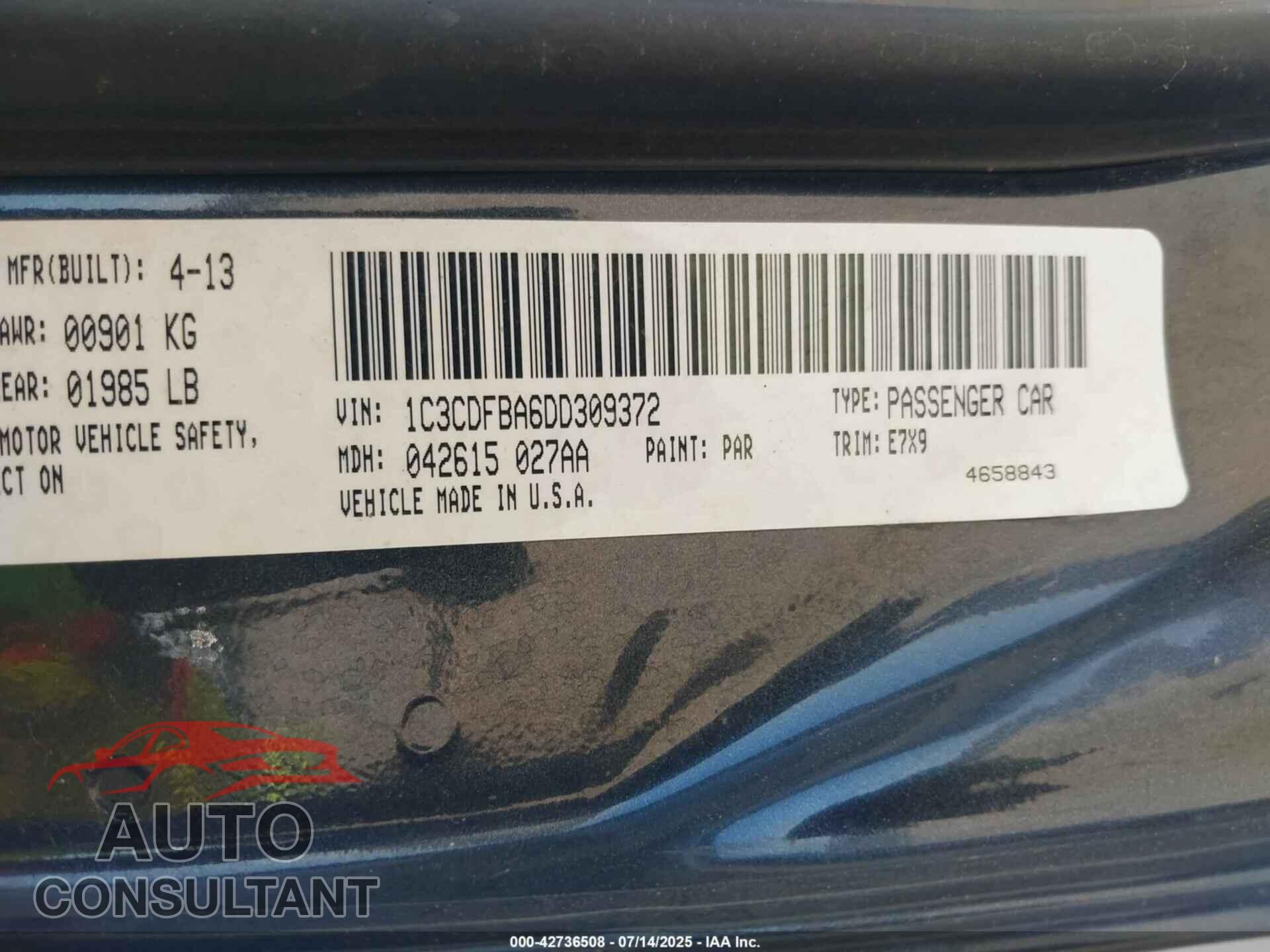 DODGE DART 2013 - 1C3CDFBA6DD309372