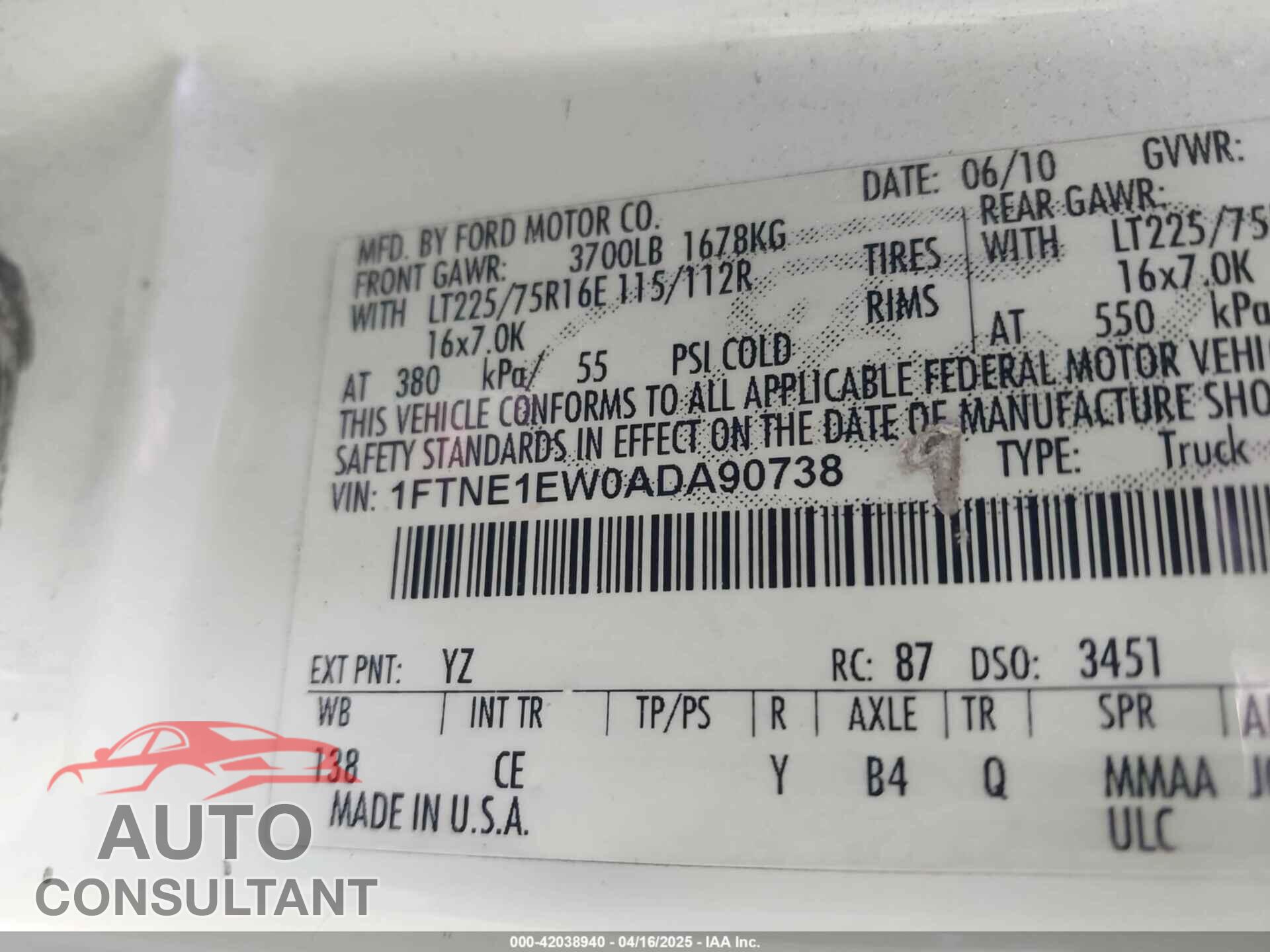 FORD E-150 2010 - 1FTNE1EW0ADA90738