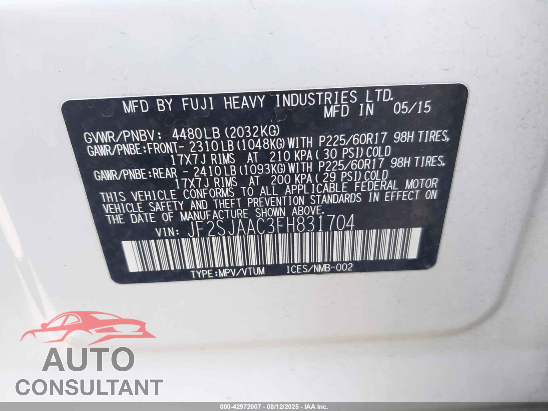 SUBARU FORESTER 2015 - JF2SJAAC3FH831704