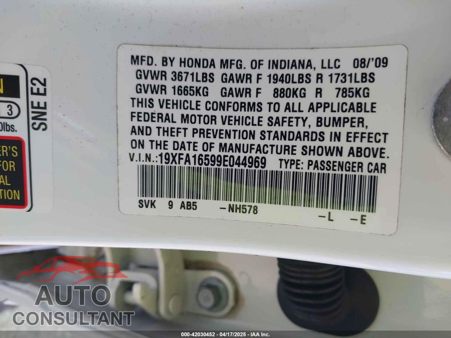 HONDA CIVIC 2009 - 19XFA16599E044969