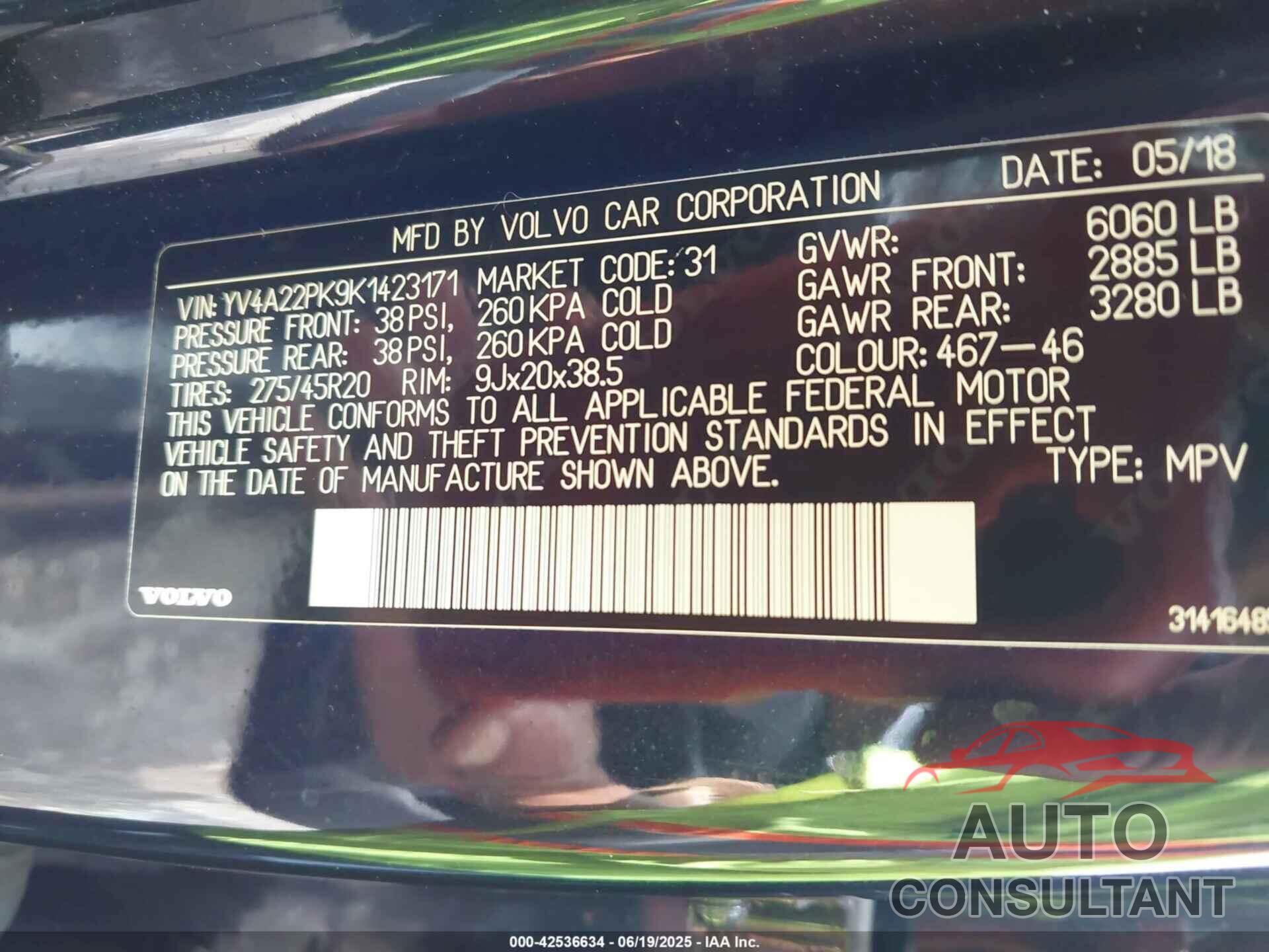 VOLVO XC90 2019 - YV4A22PK9K1423171