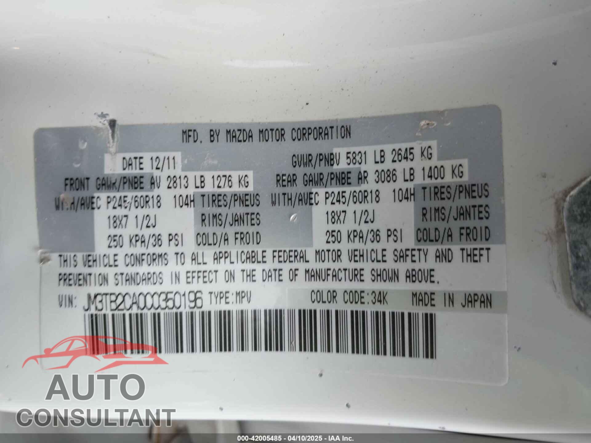 MAZDA CX-9 2012 - JM3TB2CA0C0350196