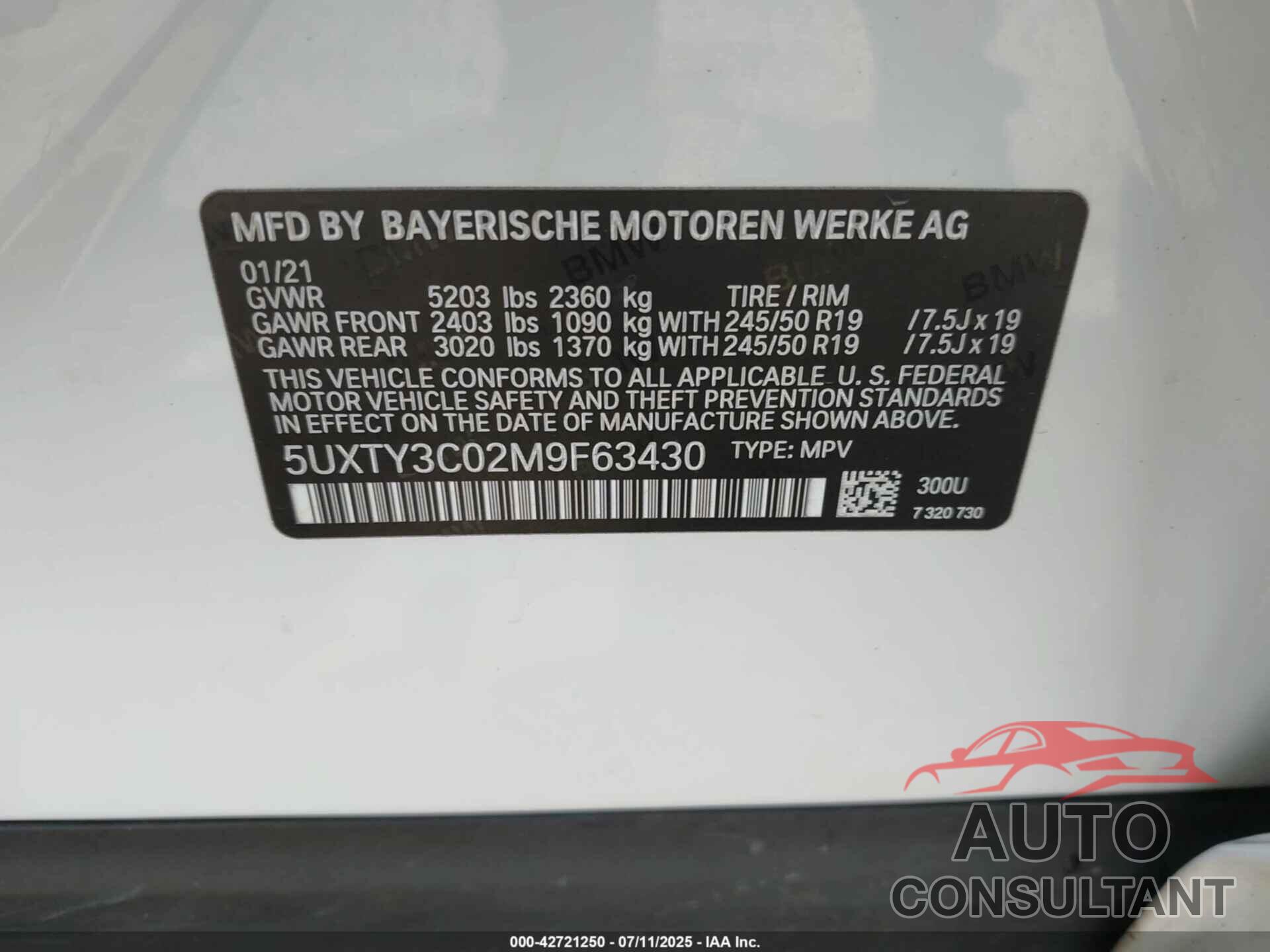 BMW X3 2021 - 5UXTY3C02M9F63430