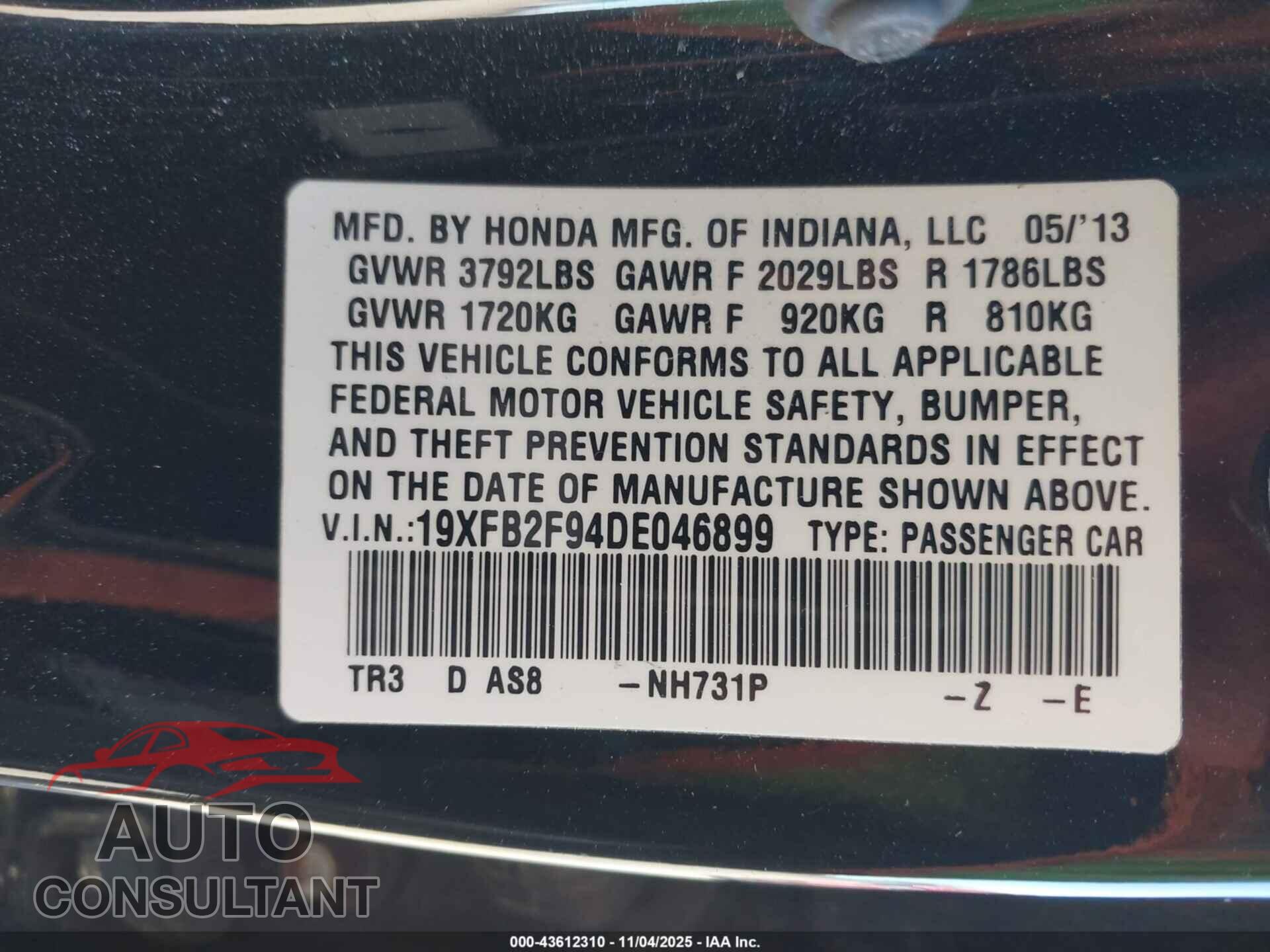 HONDA CIVIC 2013 - 19XFB2F94DE046899