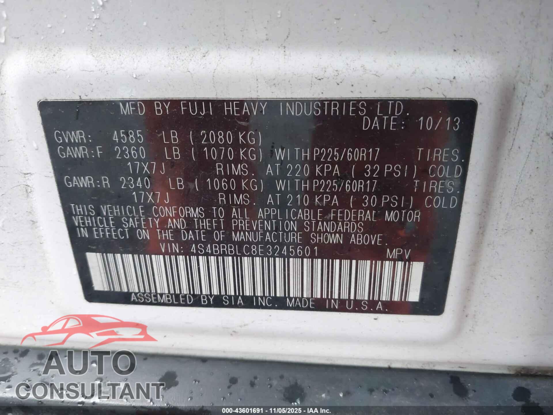 SUBARU OUTBACK 2014 - 4S4BRBLC8E3245601