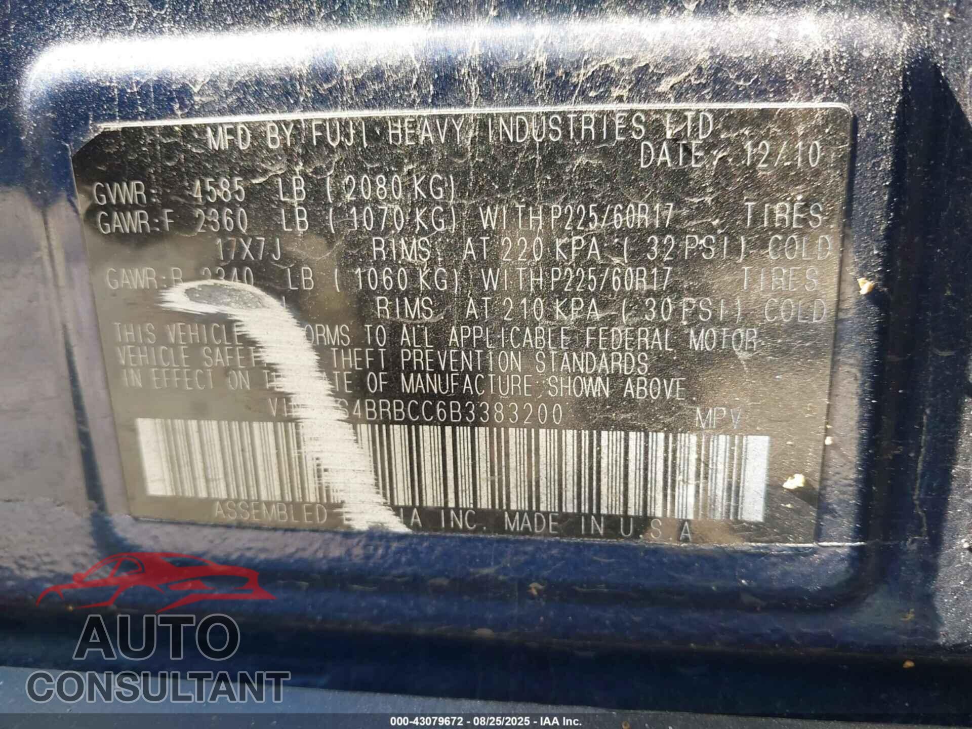 SUBARU OUTBACK 2011 - 4S4BRBCC6B3383200