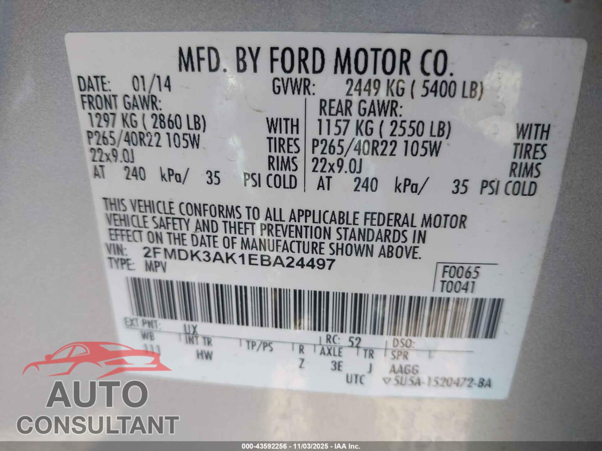 FORD EDGE 2014 - 2FMDK3AK1EBA24497