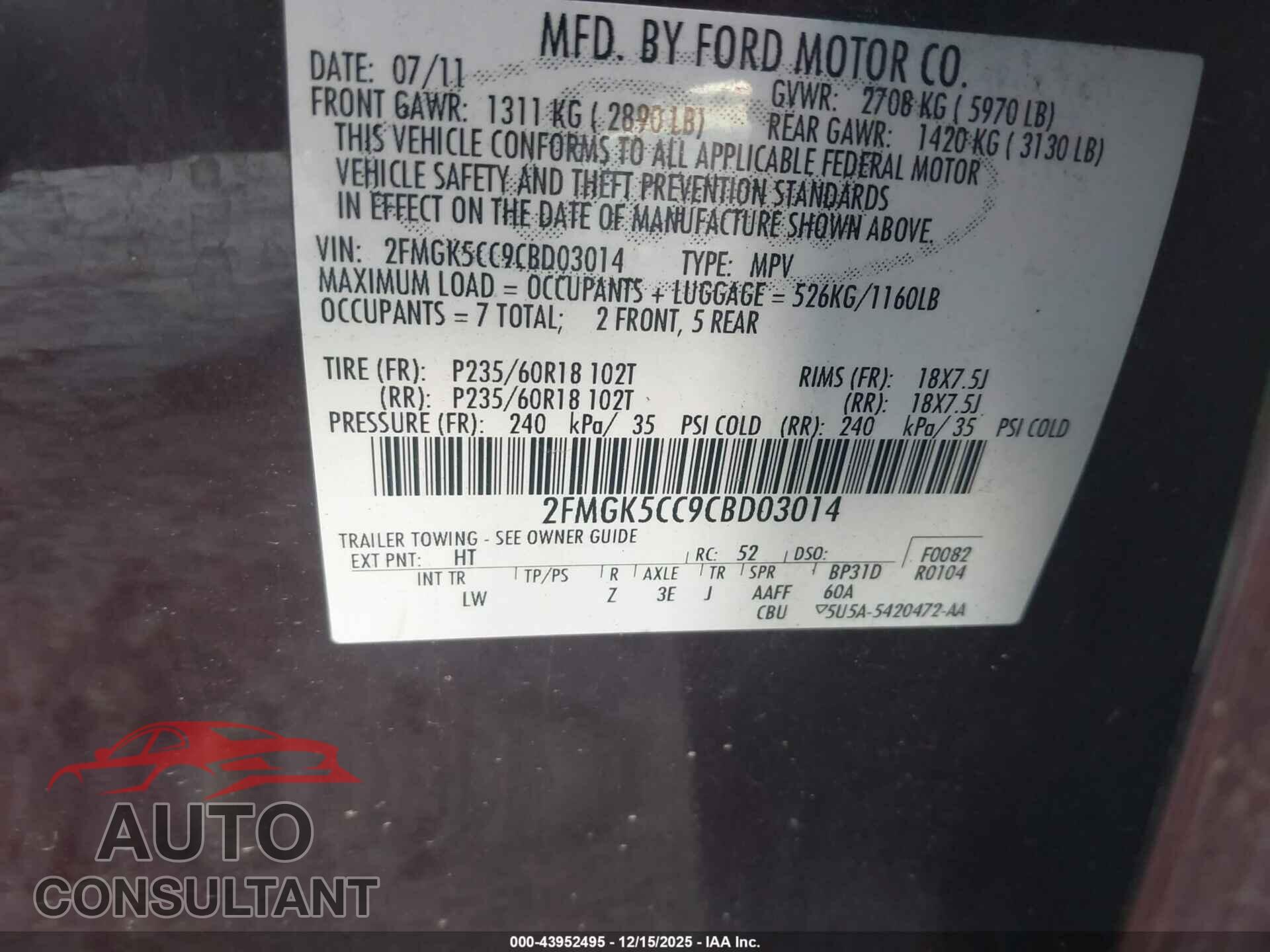 FORD FLEX 2012 - 2FMGK5CC9CBD03014