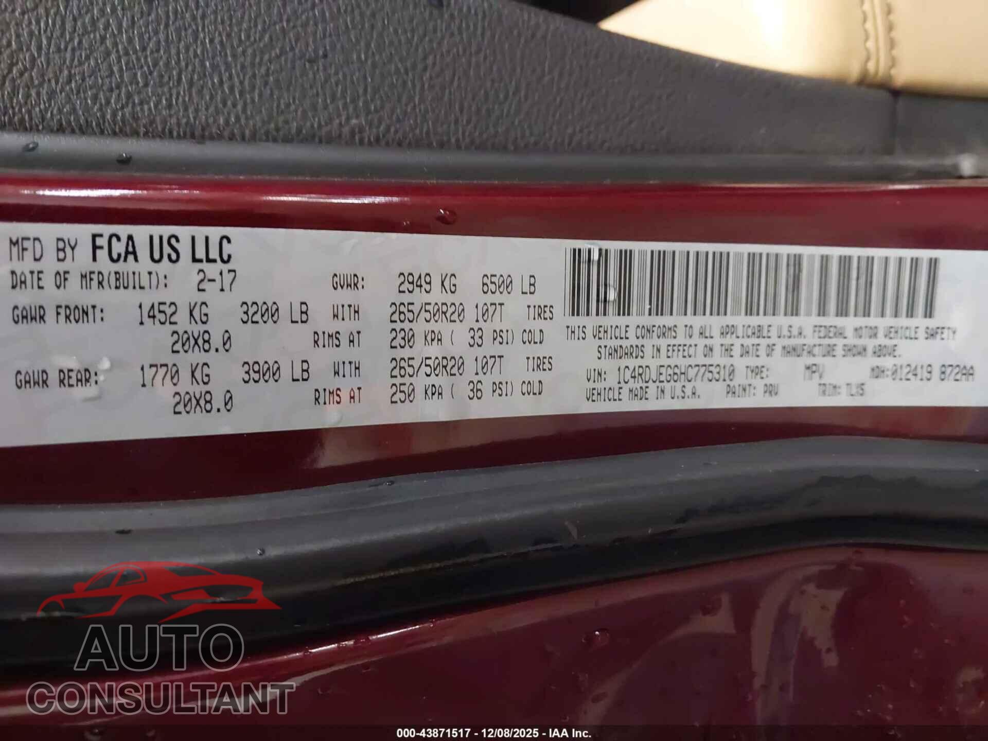DODGE DURANGO 2017 - 1C4RDJEG6HC775310