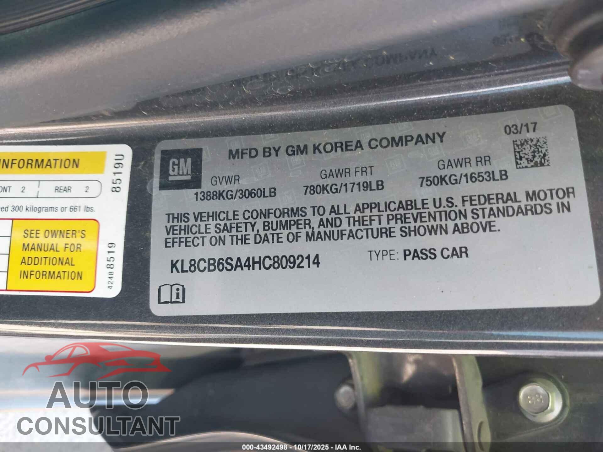 CHEVROLET SPARK 2017 - KL8CB6SA4HC809214