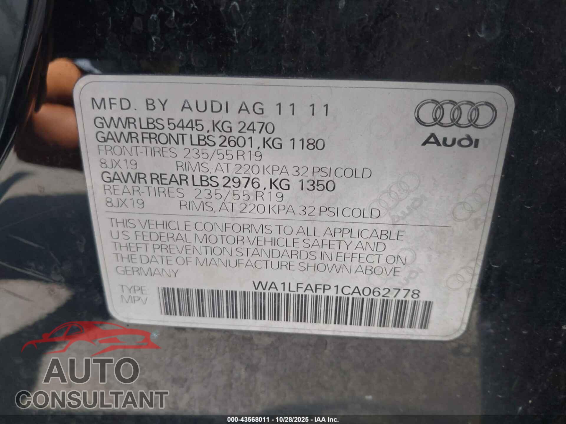 AUDI Q5 2012 - WA1LFAFP1CA062778