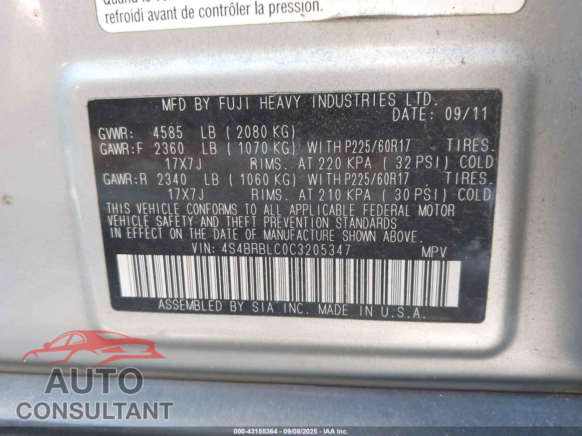 SUBARU OUTBACK 2012 - 4S4BRBLC0C3205347