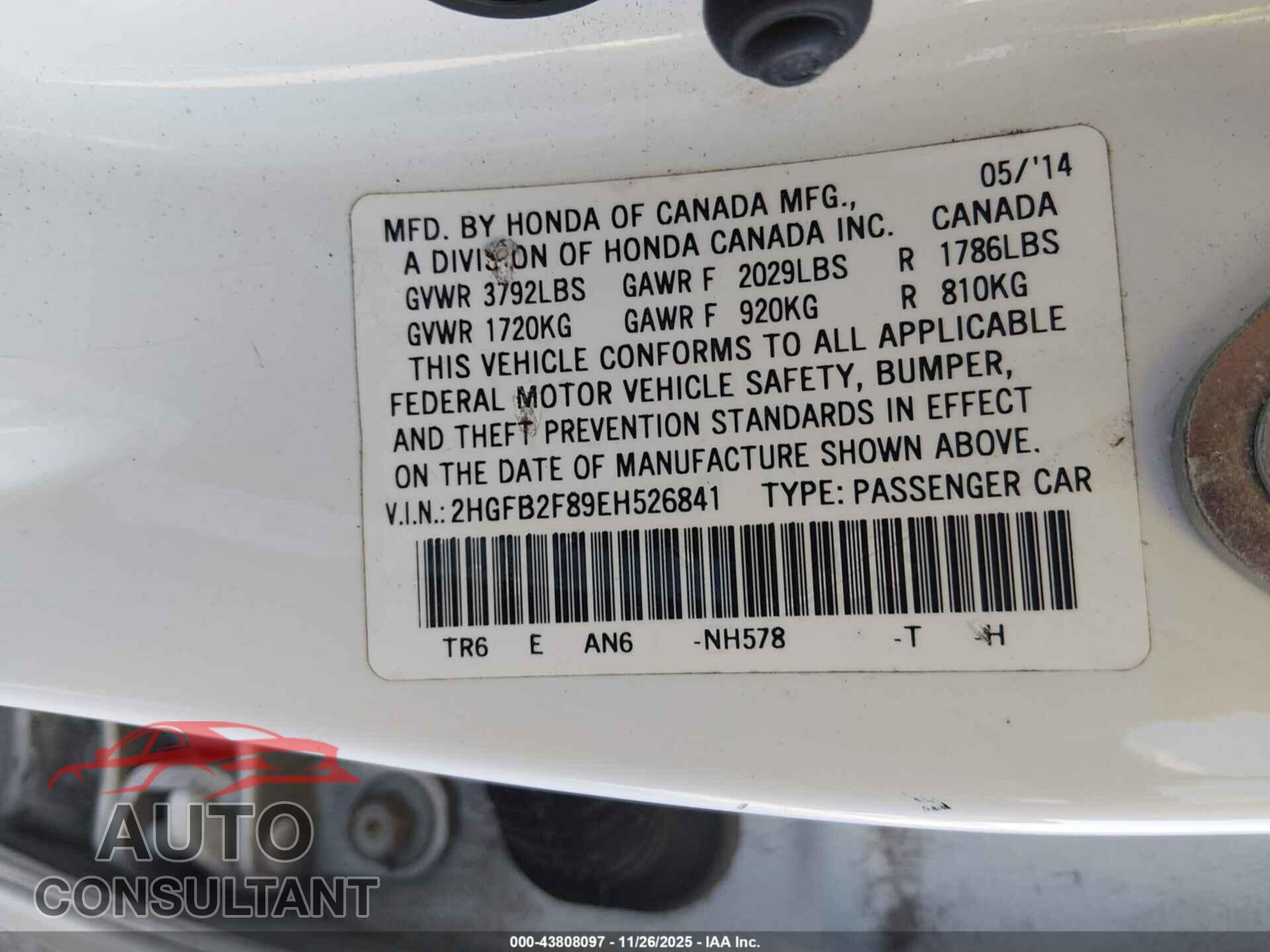HONDA CIVIC 2014 - 2HGFB2F89EH526841