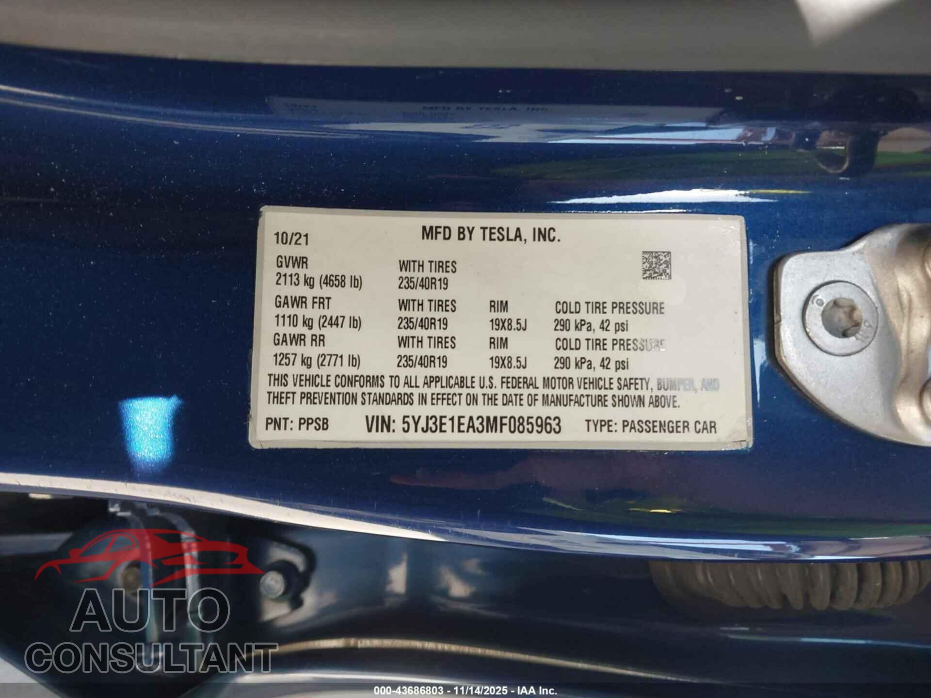 TESLA MODEL 3 2021 - 5YJ3E1EA3MF085963