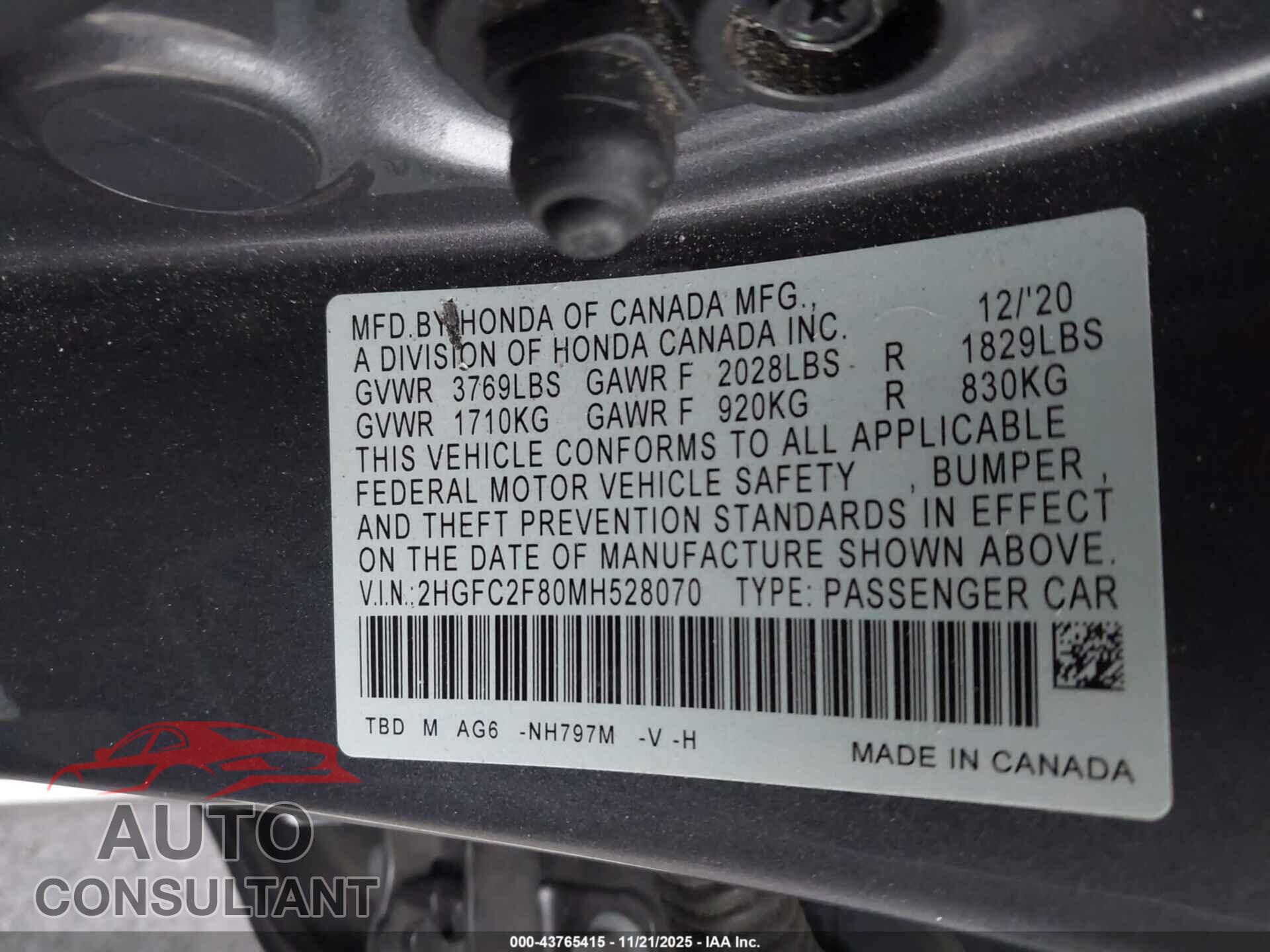 HONDA CIVIC 2021 - 2HGFC2F80MH528070
