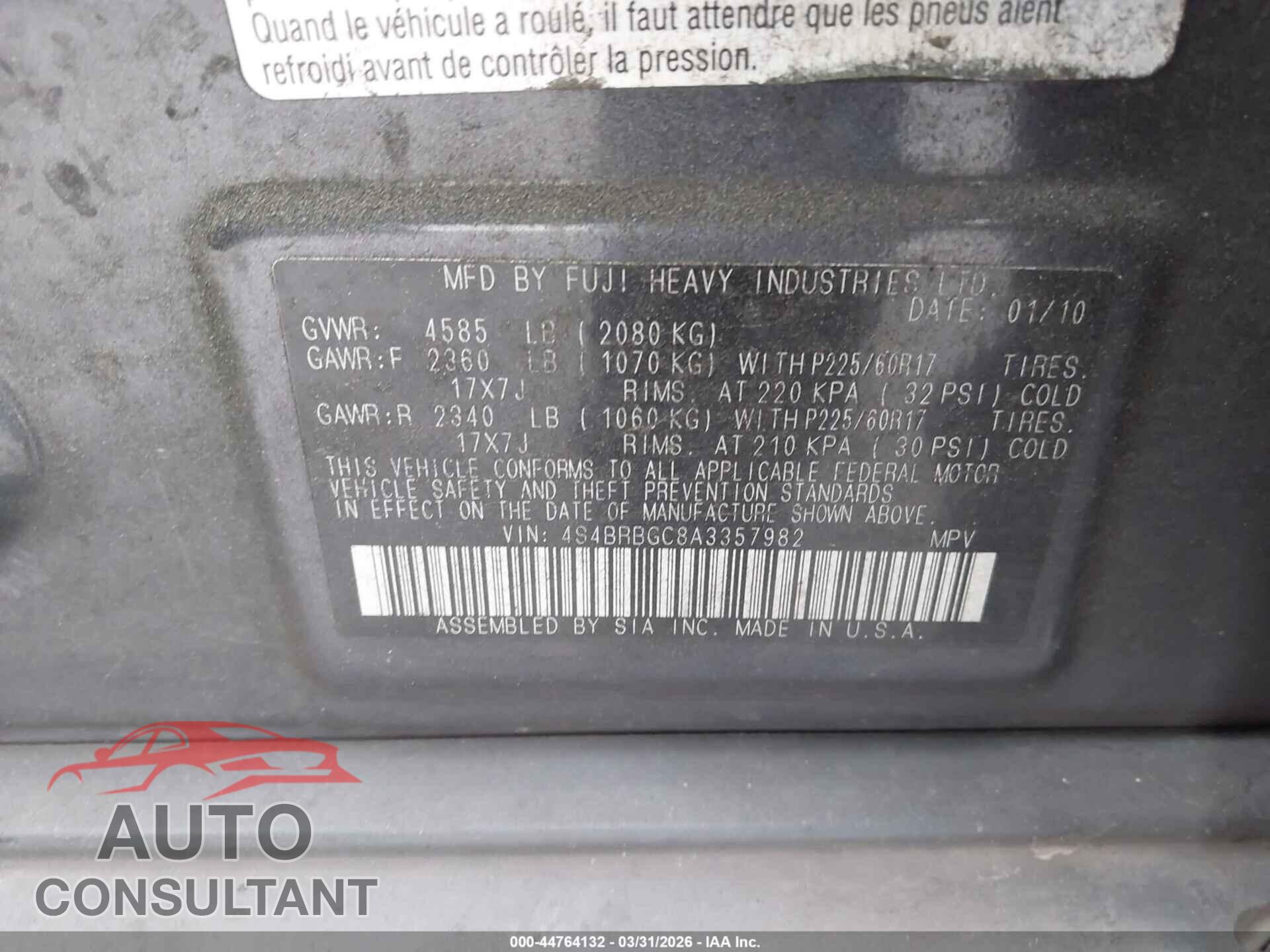 SUBARU OUTBACK 2010 - 4S4BRBGC8A3357982