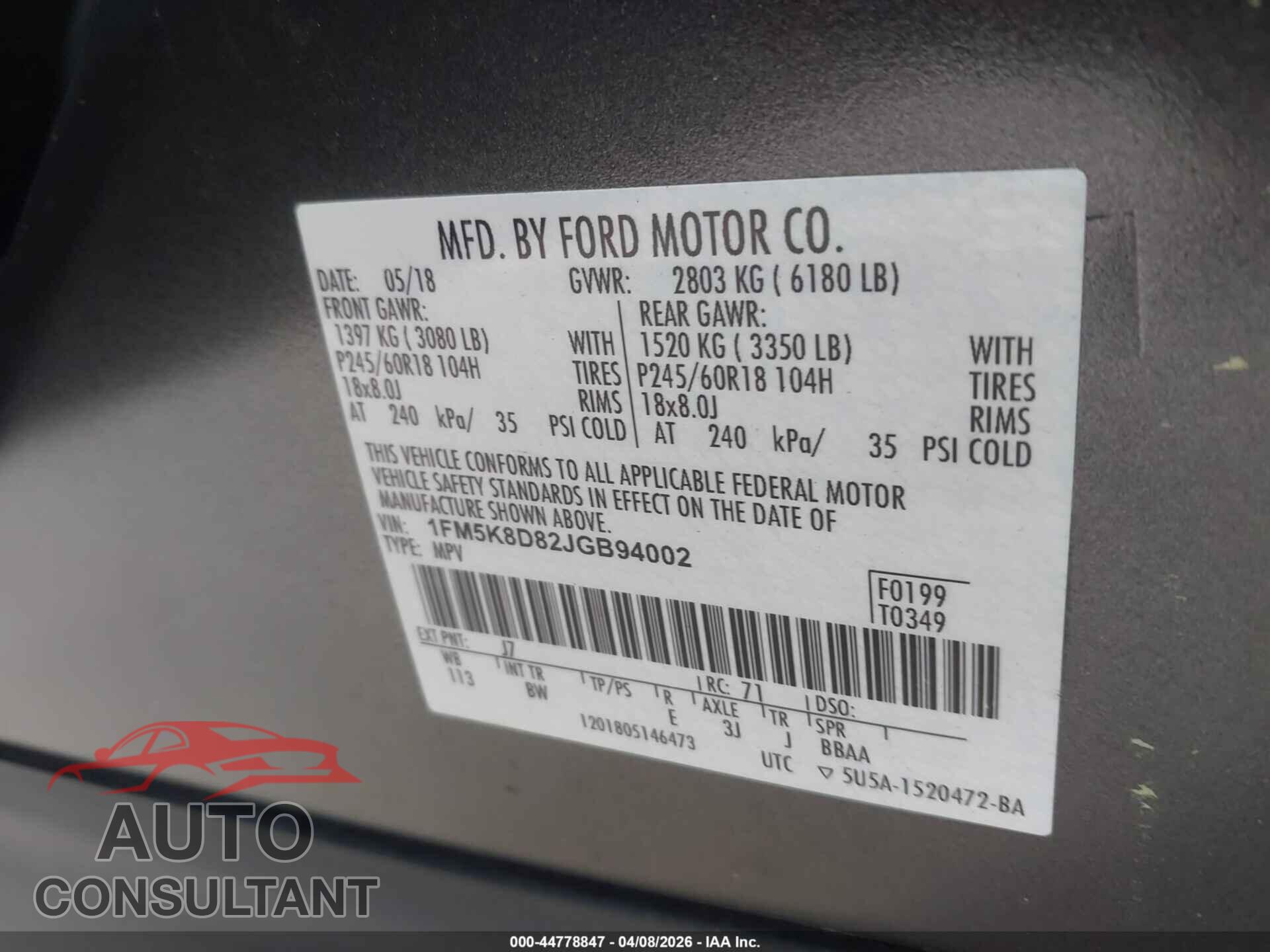 FORD EXPLORER 2018 - 1FM5K8D82JGB94002