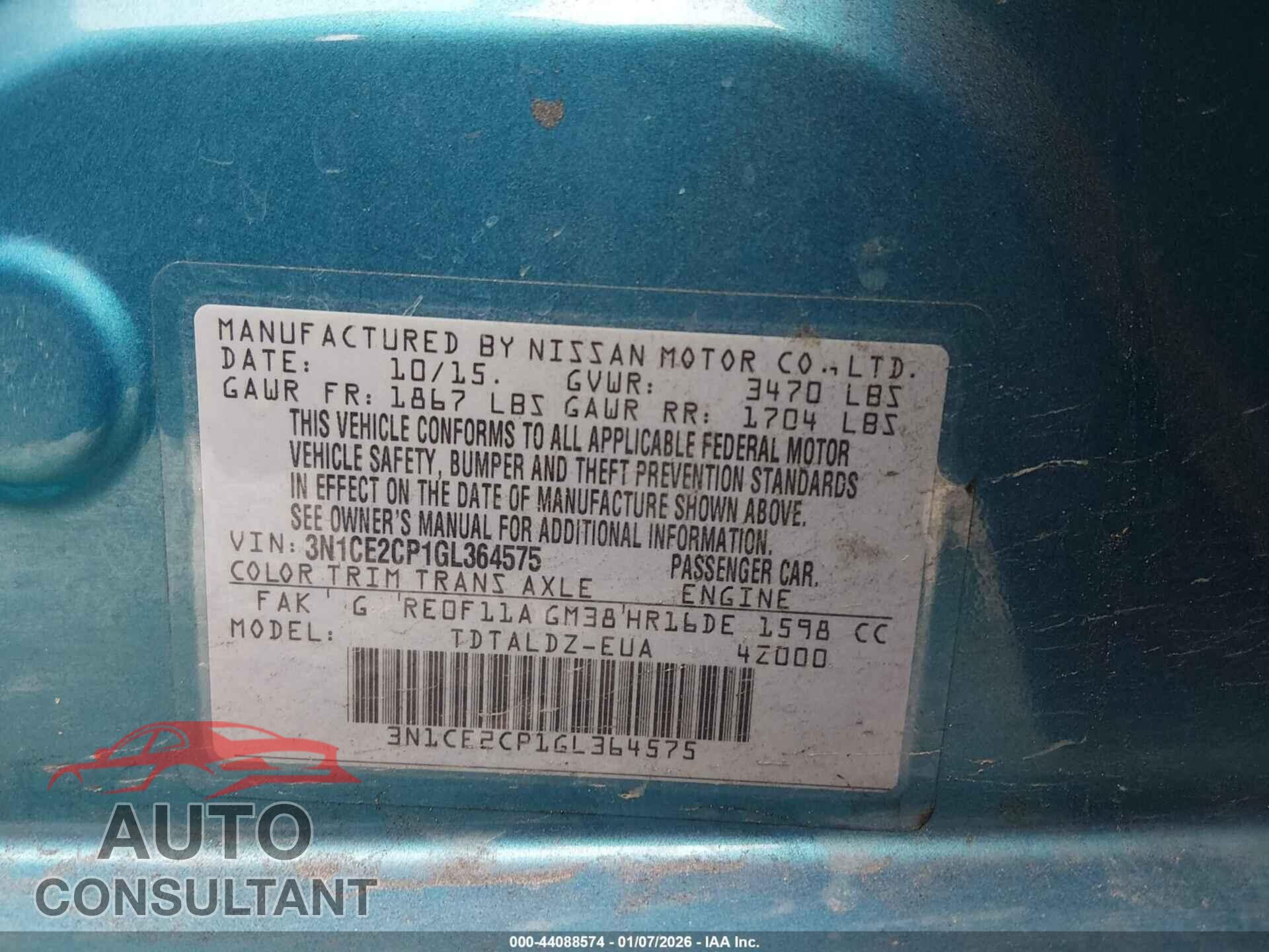 NISSAN VERSA NOTE 2016 - 3N1CE2CP1GL364575