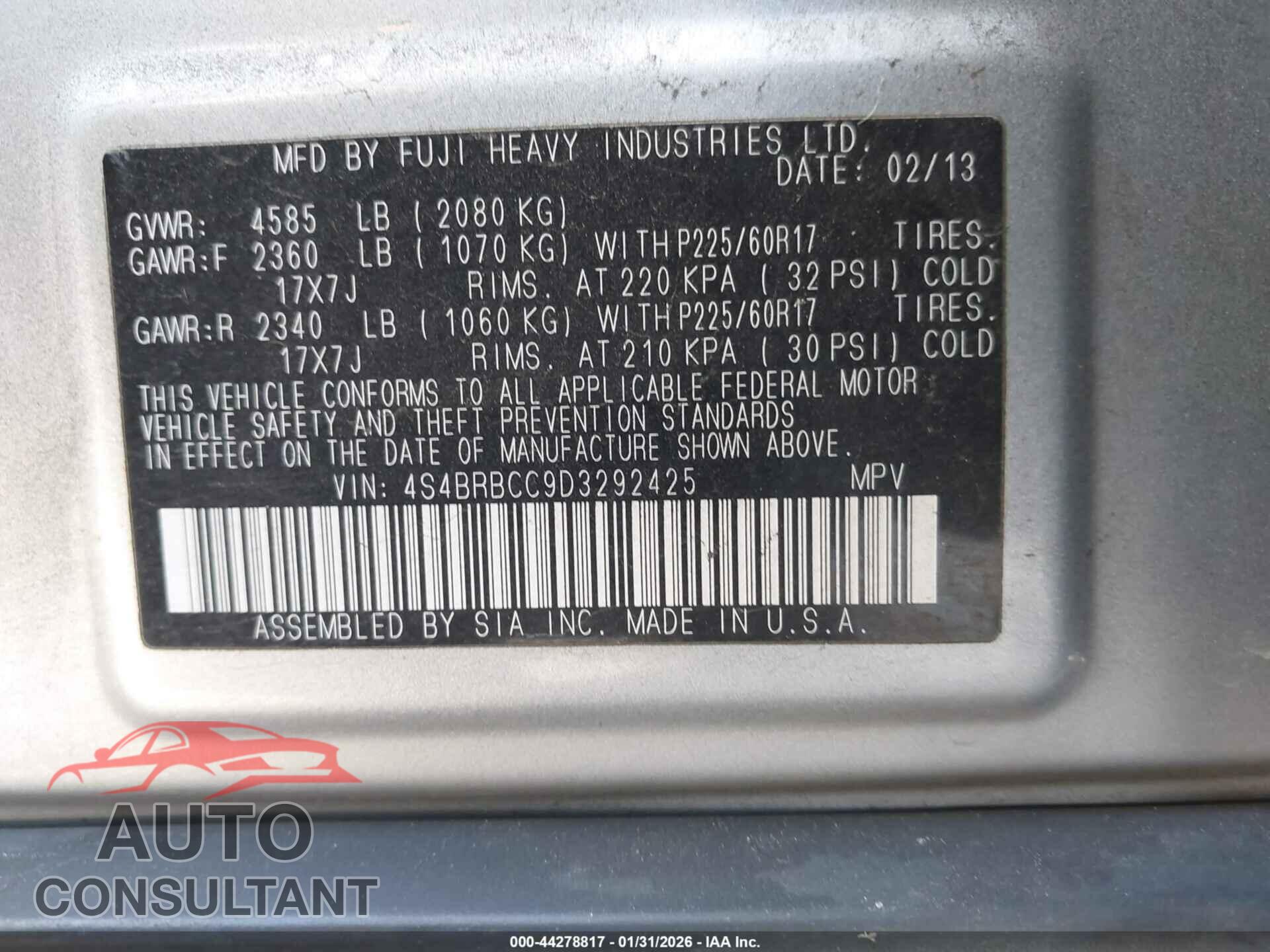 SUBARU OUTBACK 2013 - 4S4BRBCC9D3292425