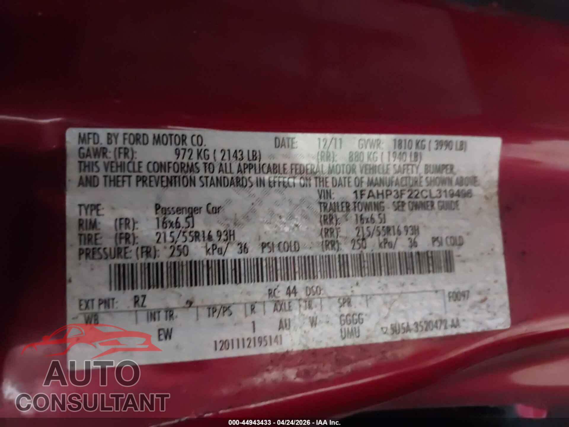FORD FOCUS 2012 - 1FAHP3F22CL319496