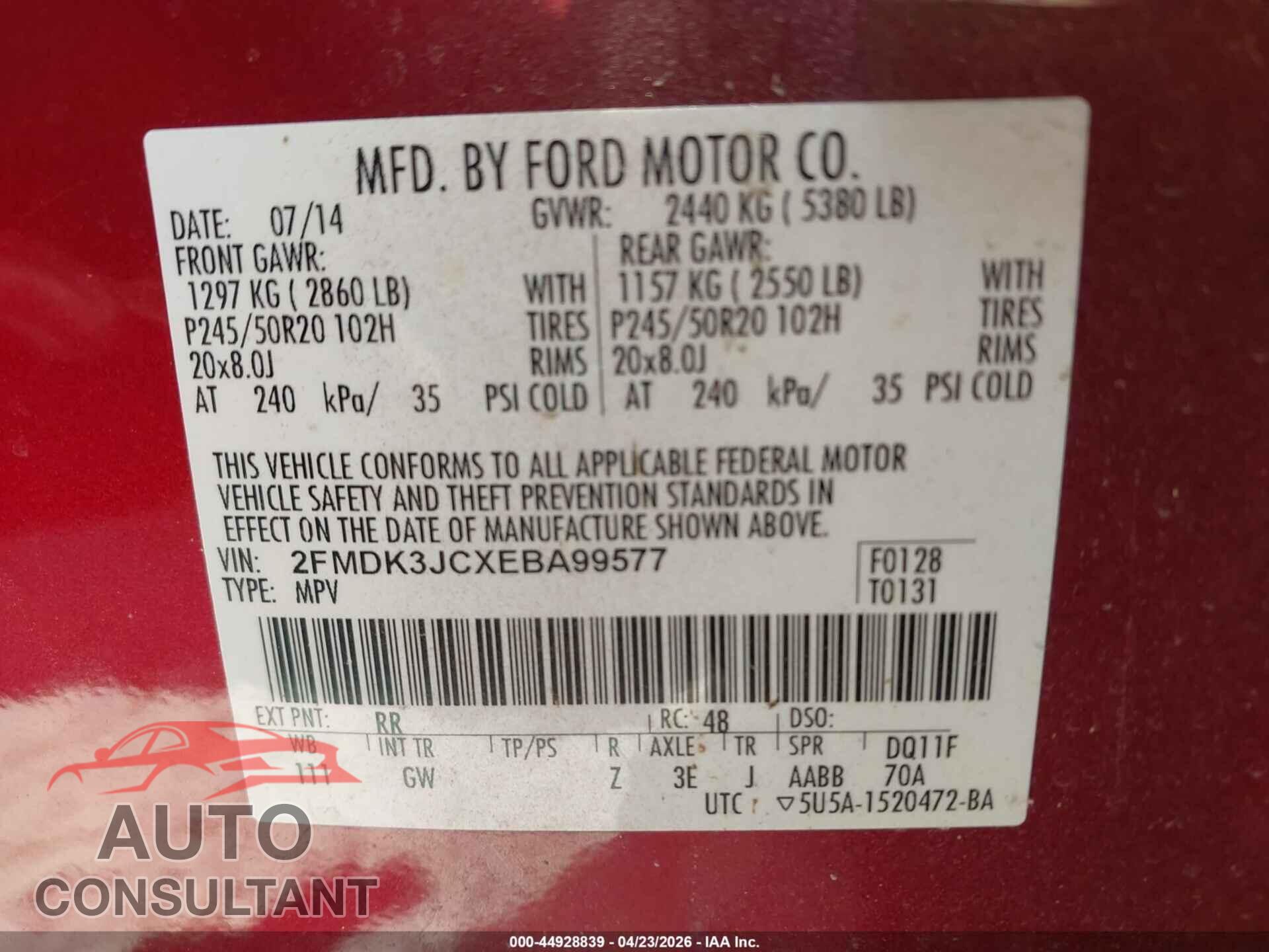 FORD EDGE 2014 - 2FMDK3JCXEBA99577