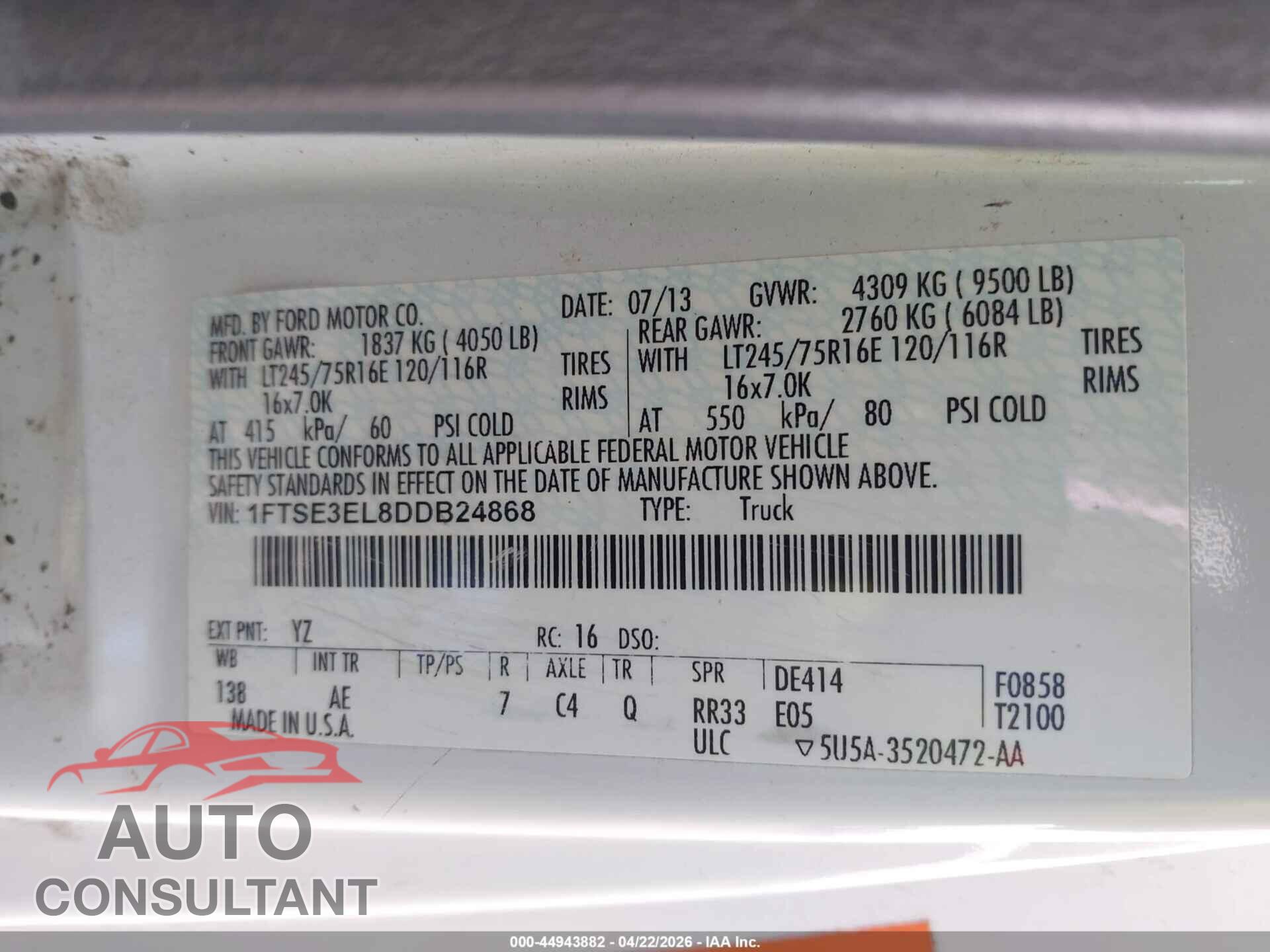 FORD E-350 SUPER DUTY 2013 - 1FTSE3EL8DDB24868