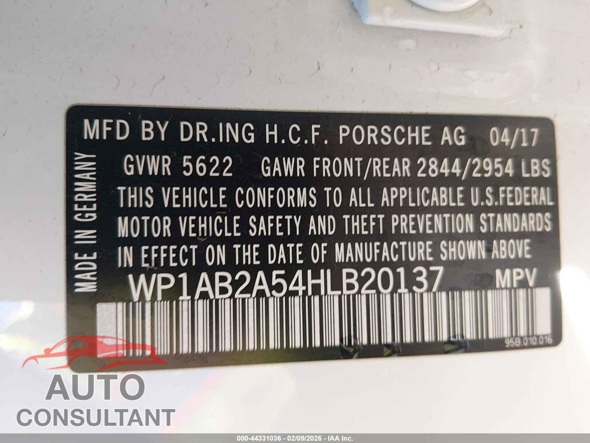 PORSCHE MACAN 2017 - WP1AB2A54HLB20137