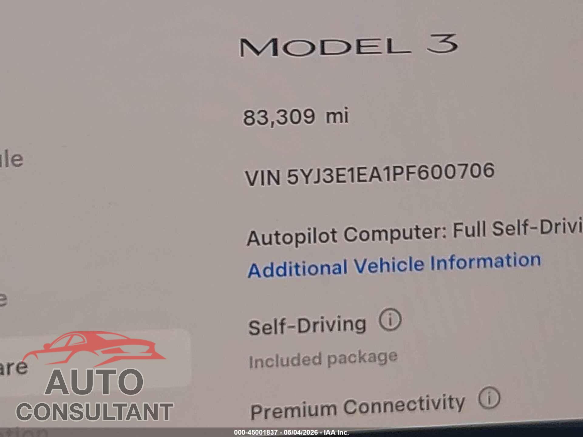 TESLA MODEL 3 2023 - 5YJ3E1EA1PF600706