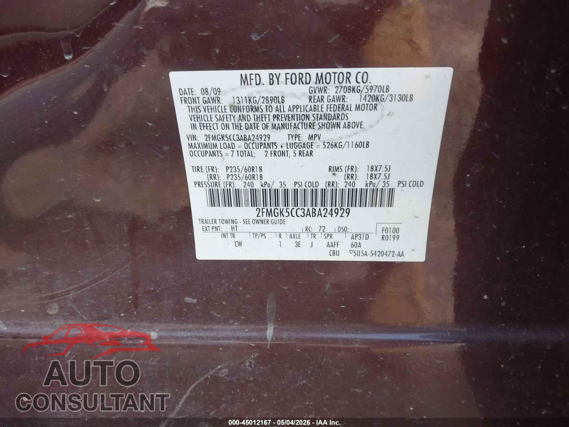 FORD FLEX 2010 - 2FMGK5CC3ABA24929